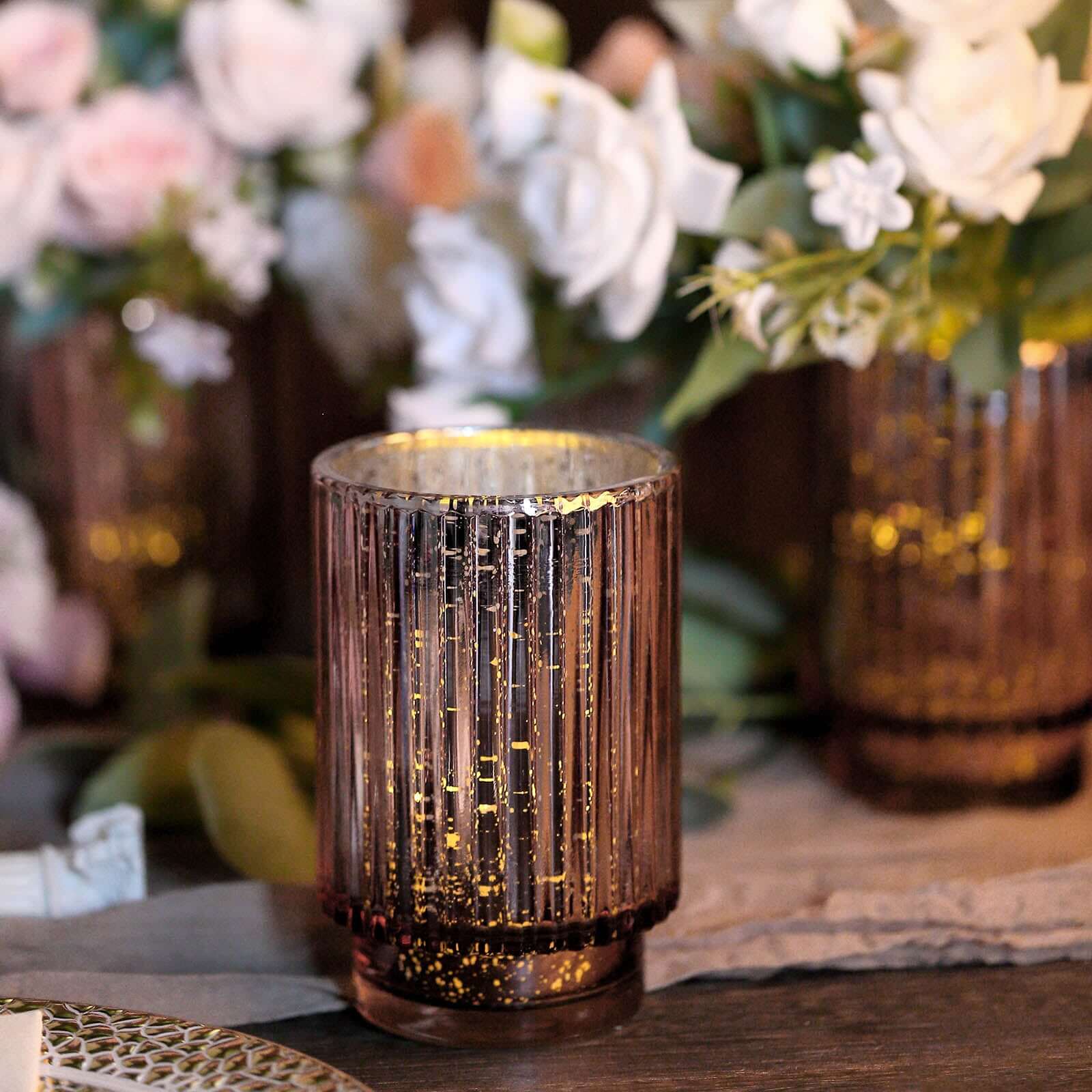 3-Pack Mercury Glass Hurricane Candle Holders Rose Gold Wavy Column Design - Votive Pillar Vase 5"