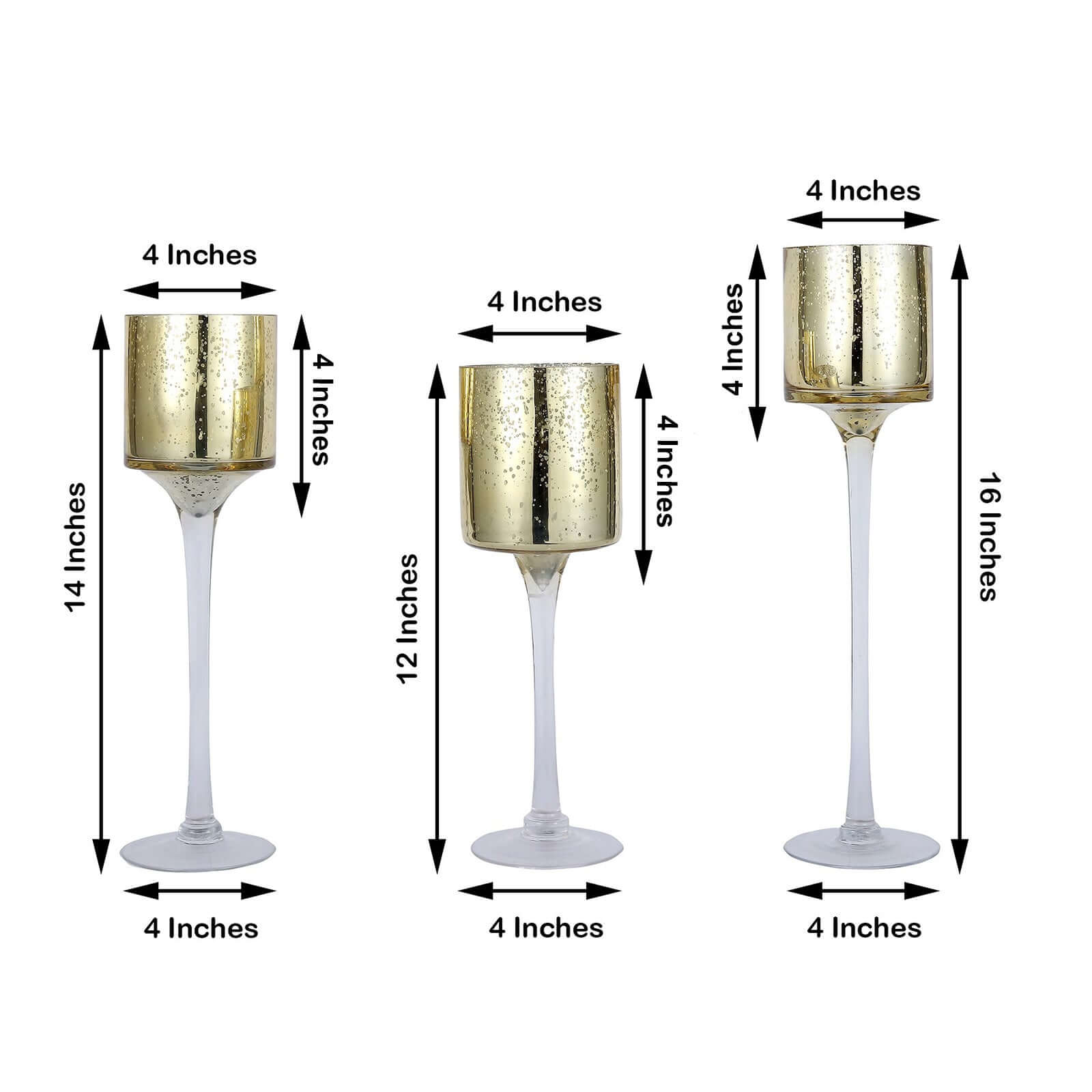 Set of 3 Glass Cylinder Vases Long Stem Gold - Decorative Candle Holder Floral Centerpieces 12", 14", 16"