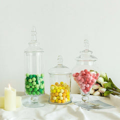 Set of 3 Glass Candy Jars Modern Apothecary Design Clear with Snap-On Lids - Stylish Party Favor Containers 9"/13"/14"