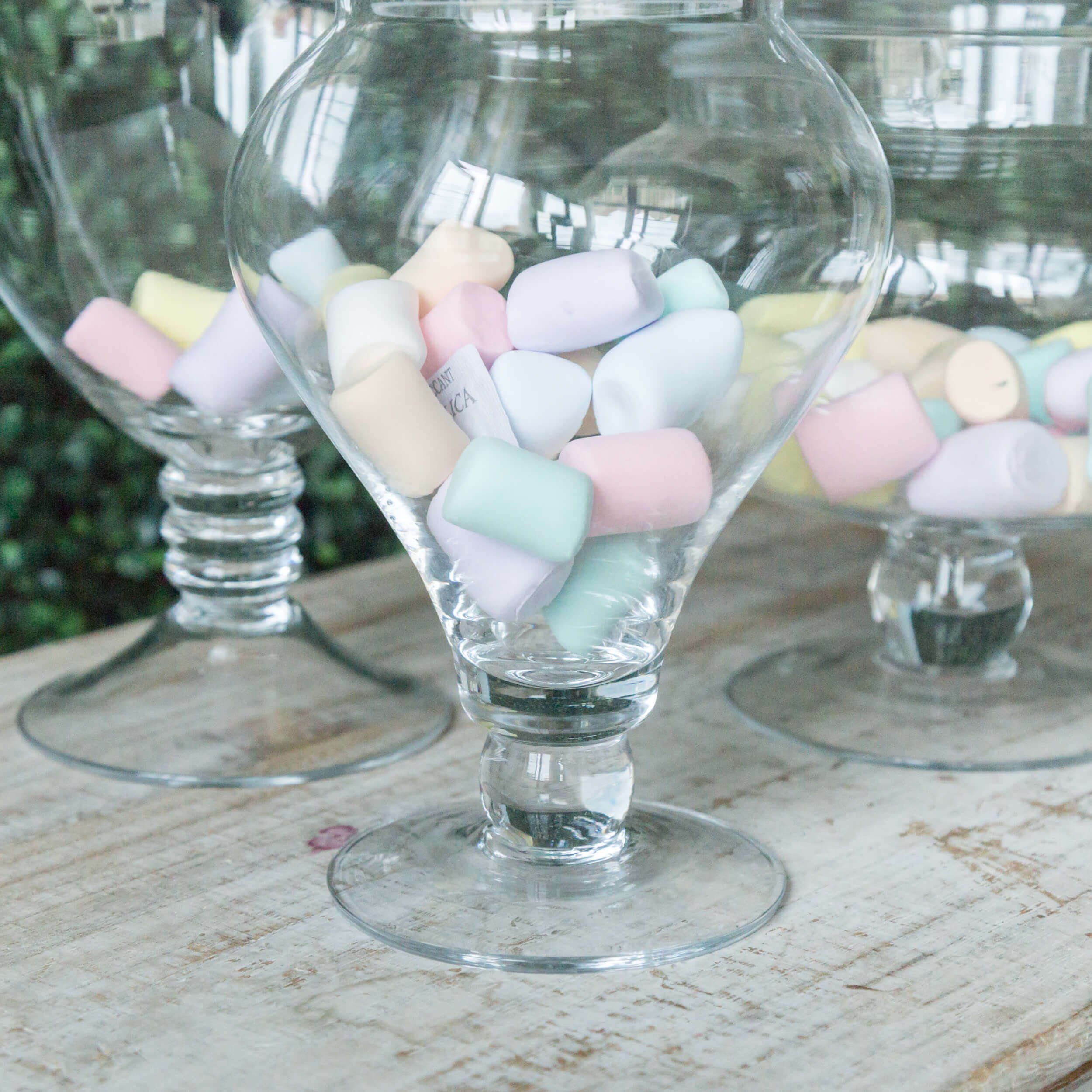 Set of 3 Glass Candy Jars Pedestal Apothecary Design Clear with Snap-On Lids - Stylish Party Favor Containers 10"/12"/14"