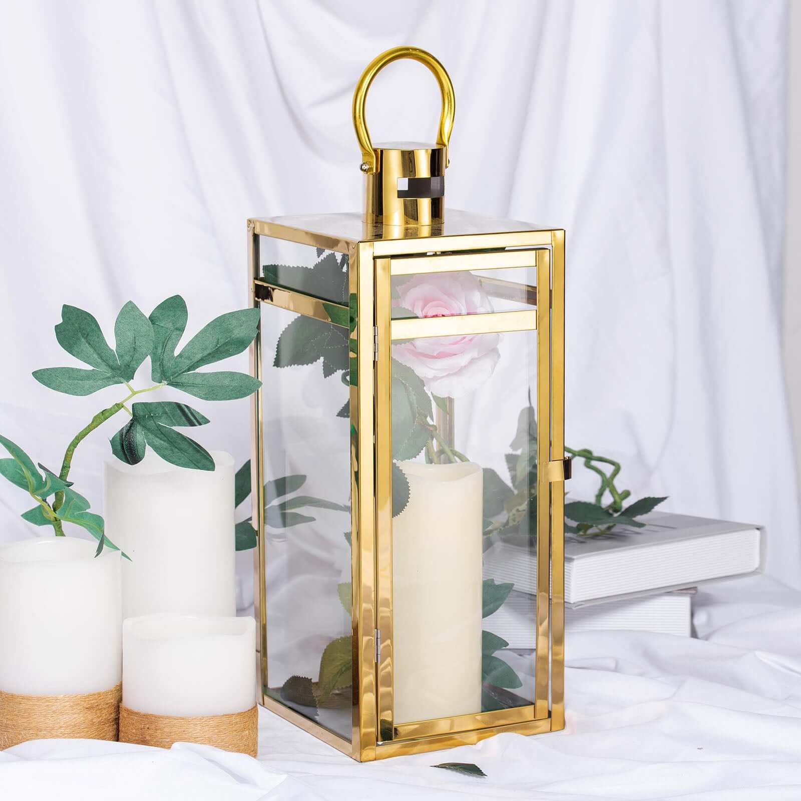 Stainless Steel Candle Lantern Vintage Top Design Gold - Outdoor Metal Patio Lantern Centerpiece 17"