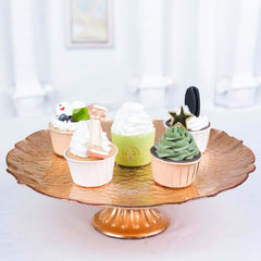 Glass Pedestal Cake Stand Scalloped Edge Design Rose Gold - Cupcake Holder and Dessert Display Plate 14"
