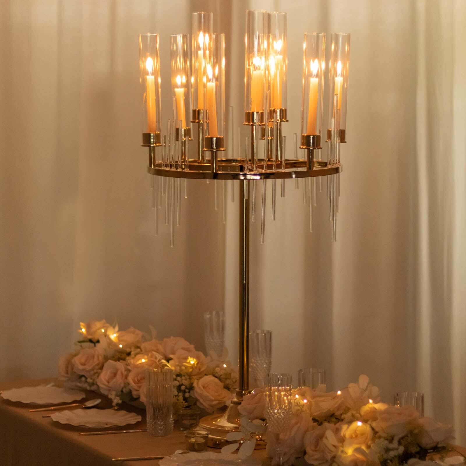 Metal 9-Arm Round Cluster Taper Candelabra Table Centerpiece Gold - Candlestick Holder Table Centerpiece With Drip Accents and Clear Glass Shades 40"