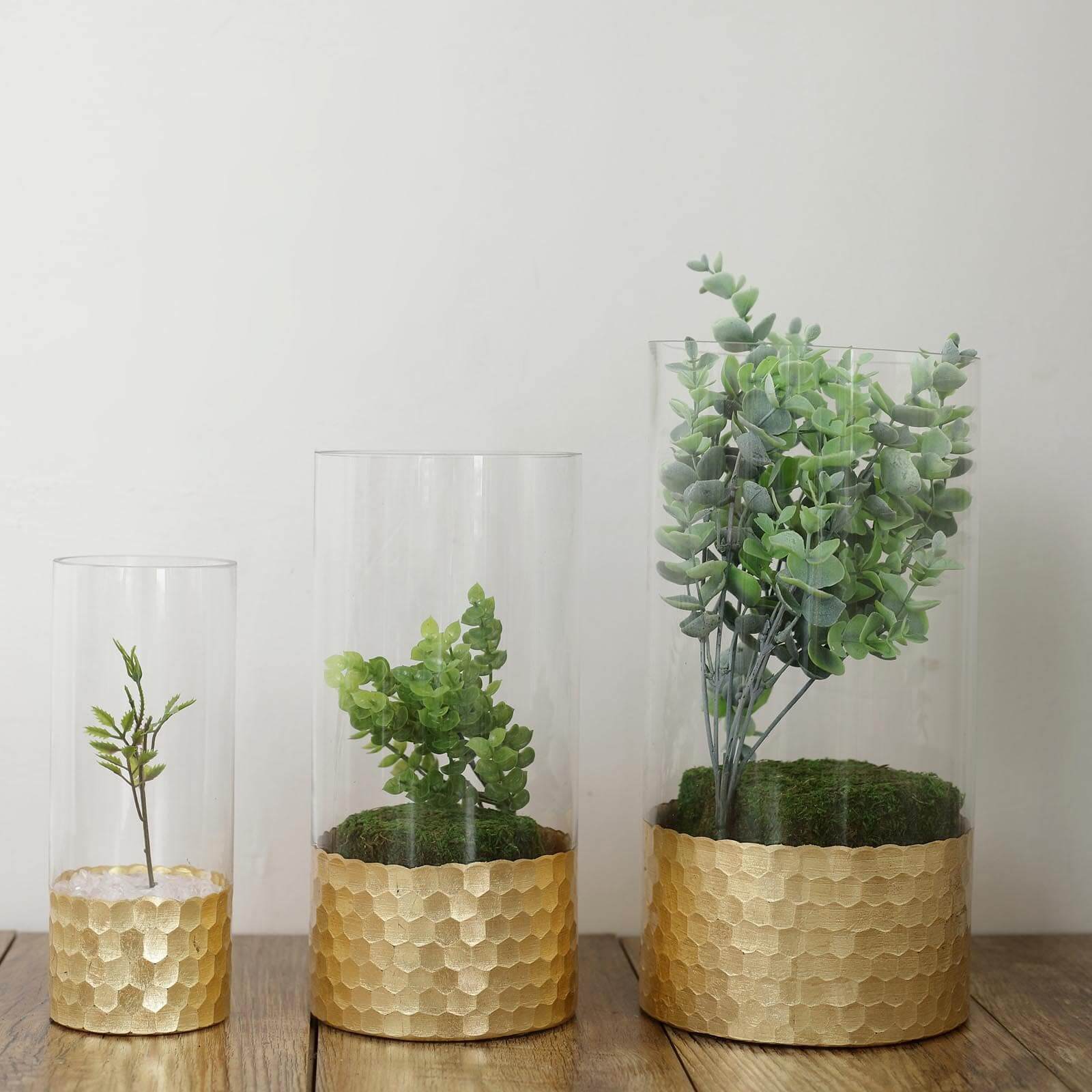 Set of 3 Clear Glass Cylinder Vases with Gold Honeycomb Base, Votive Tealight Candle Holder Set - 8",10",12"
