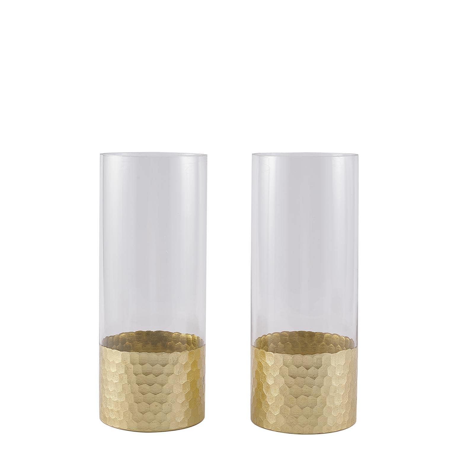 2-Pack Glass Cylinder Vases Honeycomb Design Clear with Gold Base - Decorative Candle Holder Centerpieces 12"