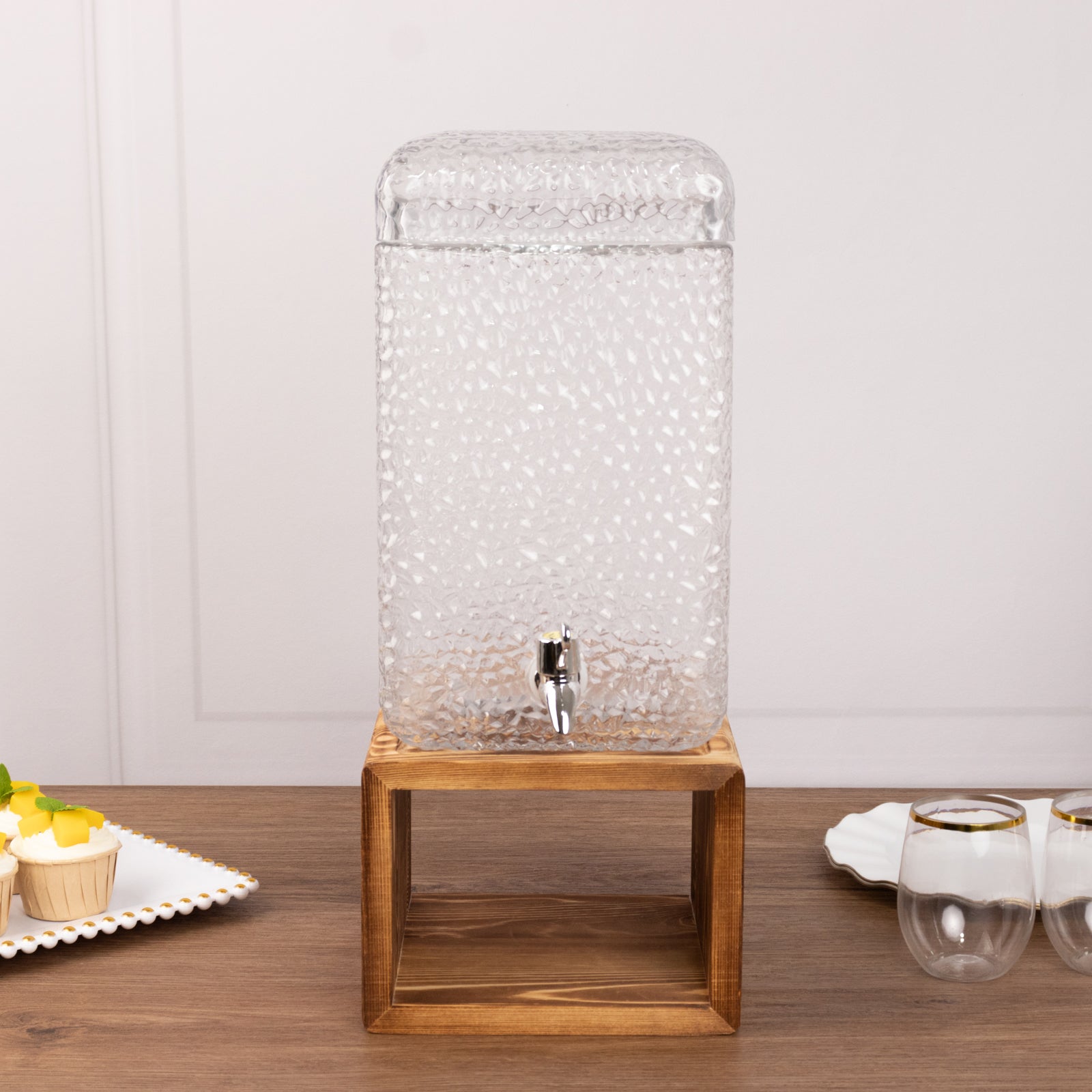 Gallon Clear Hammered Glass Beverage Dispenser, Rectangular Juice Jar with Wooden Stand and Lid - Lead-Free Countertop Feature 19"