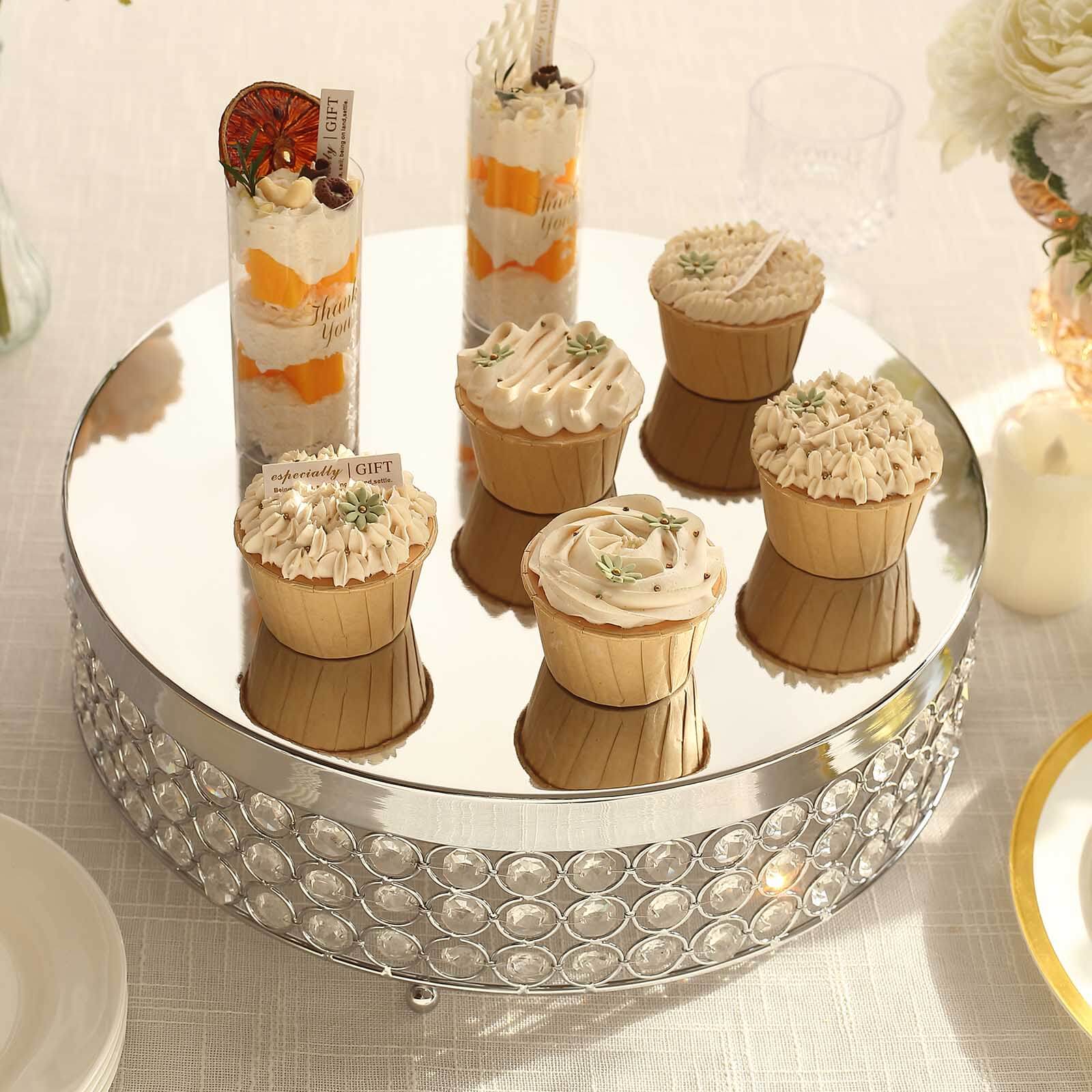 Metal Cake Stand Pedestal Crystal Beaded Design Silver - Cupcake Display and Dessert Riser 16"