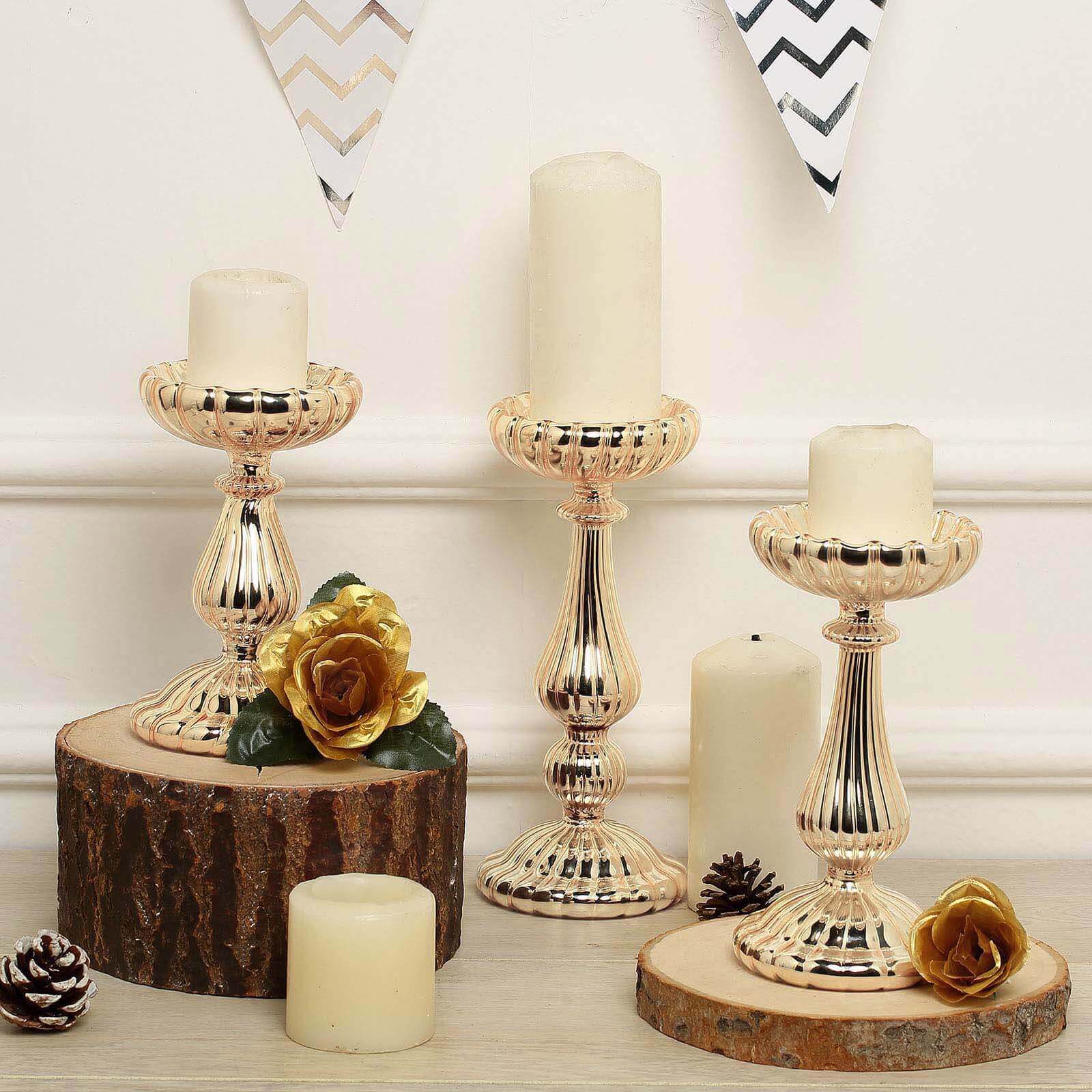 Set of 3 Candle Holder Stands Gold Mercury Glass Pillar Design - Stylish Votive Centerpieces for Tables & Decor 7", 8", 10"
