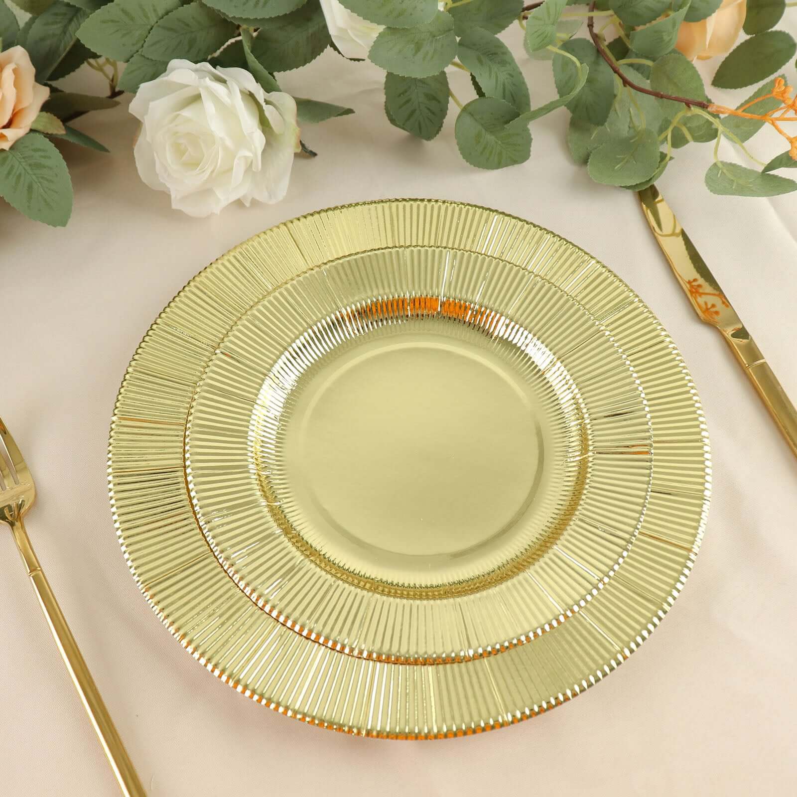 25-Pack Paper 8" Round Dessert Plates in Metallic Gold Sunray Design - Disposable Heavy Duty 350GSM Appetizer Salad Plates