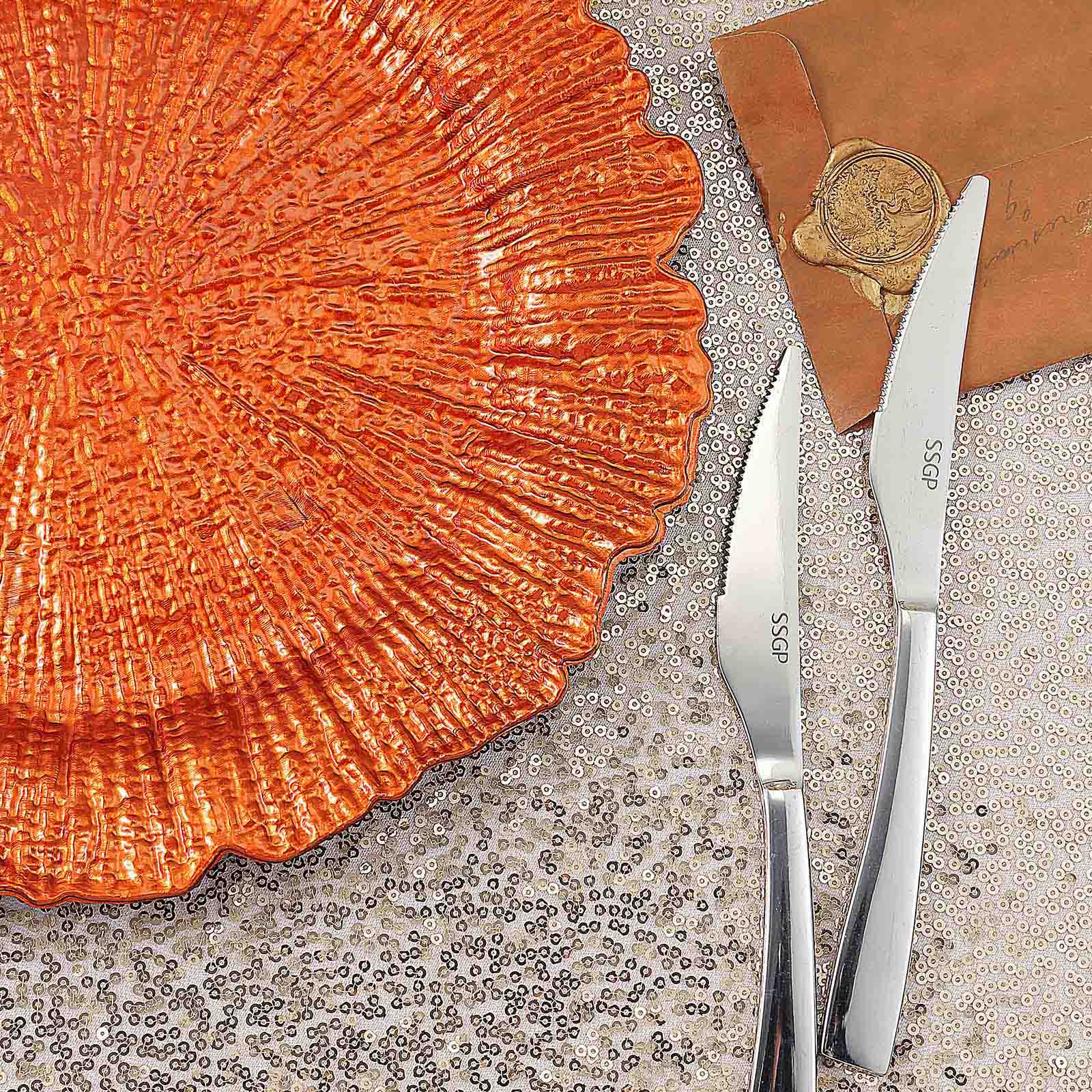 6-Pack Acrylic Plastic Round Charger Plates 13" in Orange with Reef Design, Dinner Charger Tableware