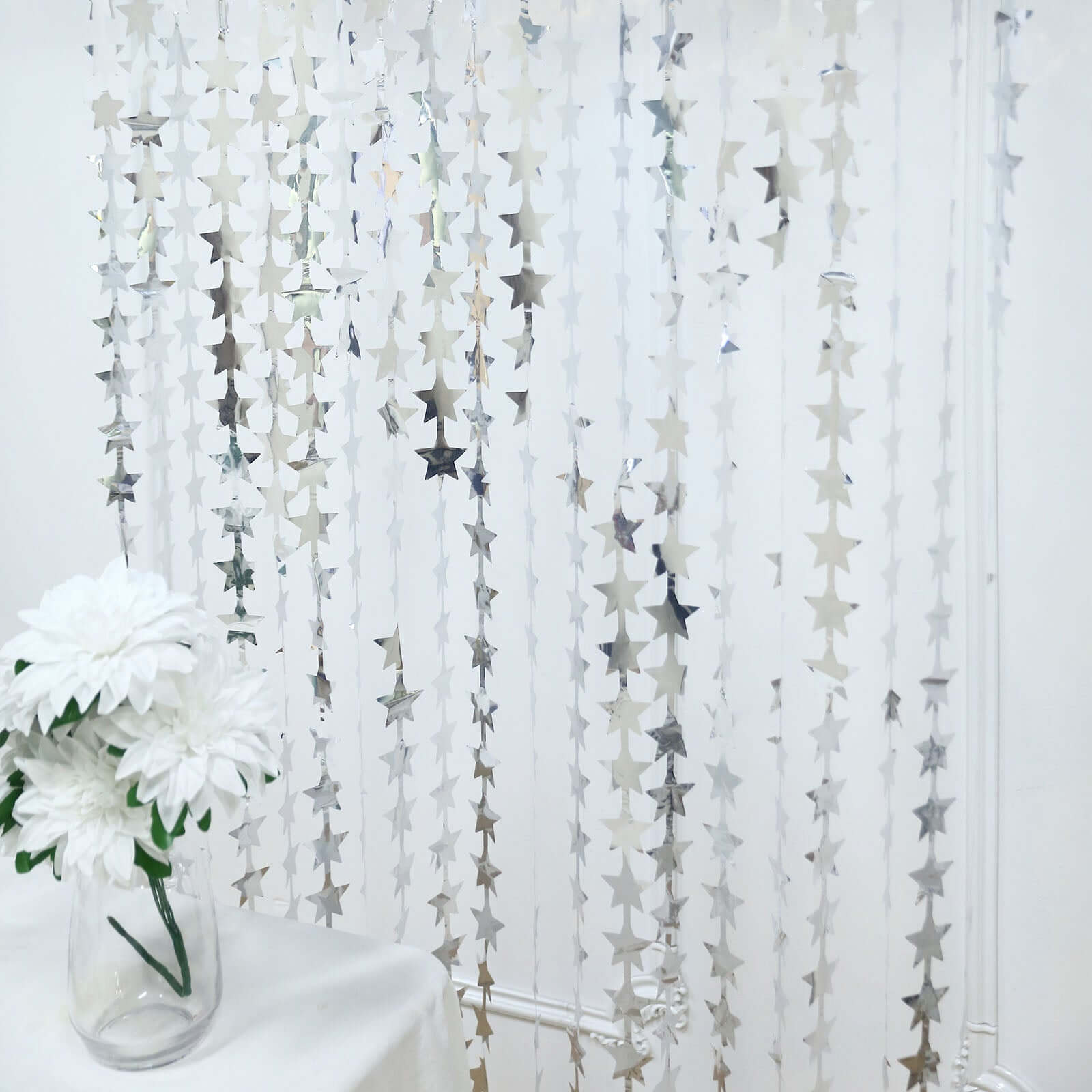 Silver Star Chain Foil Fringe Curtain Party Backdrop, Metallic Silver Tinsel Streamer Party Decor - Door Window Foil Curtain - 3ftx6.5ft