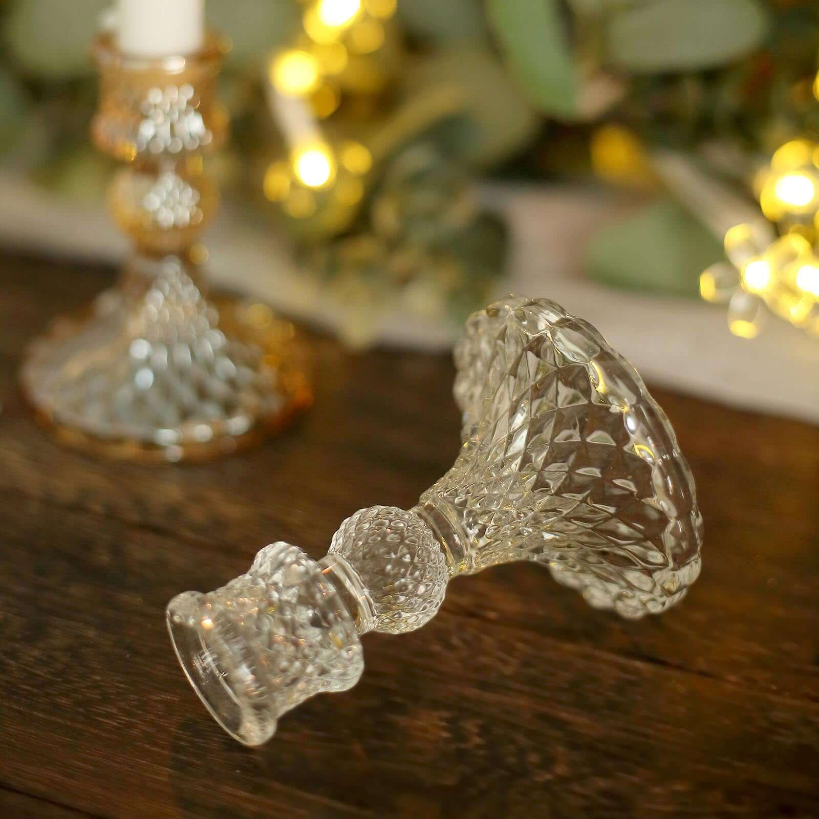 6-Pack Glass Taper Candlestick Holders Diamond Pattern Design Clear - Reversible Crystal Pillar Votive Stands 4"