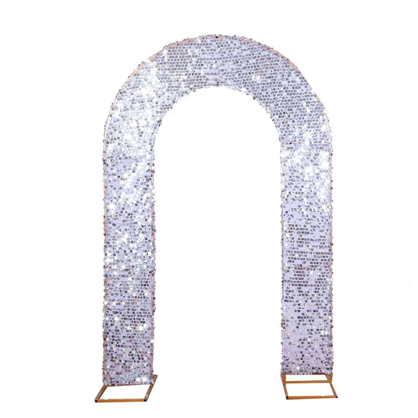 8ft Silver Double Sided Big Payette Sequin Open Arch Wedding Arch Cover, U-Shaped Fitted Wedding Backdrop Slipcover