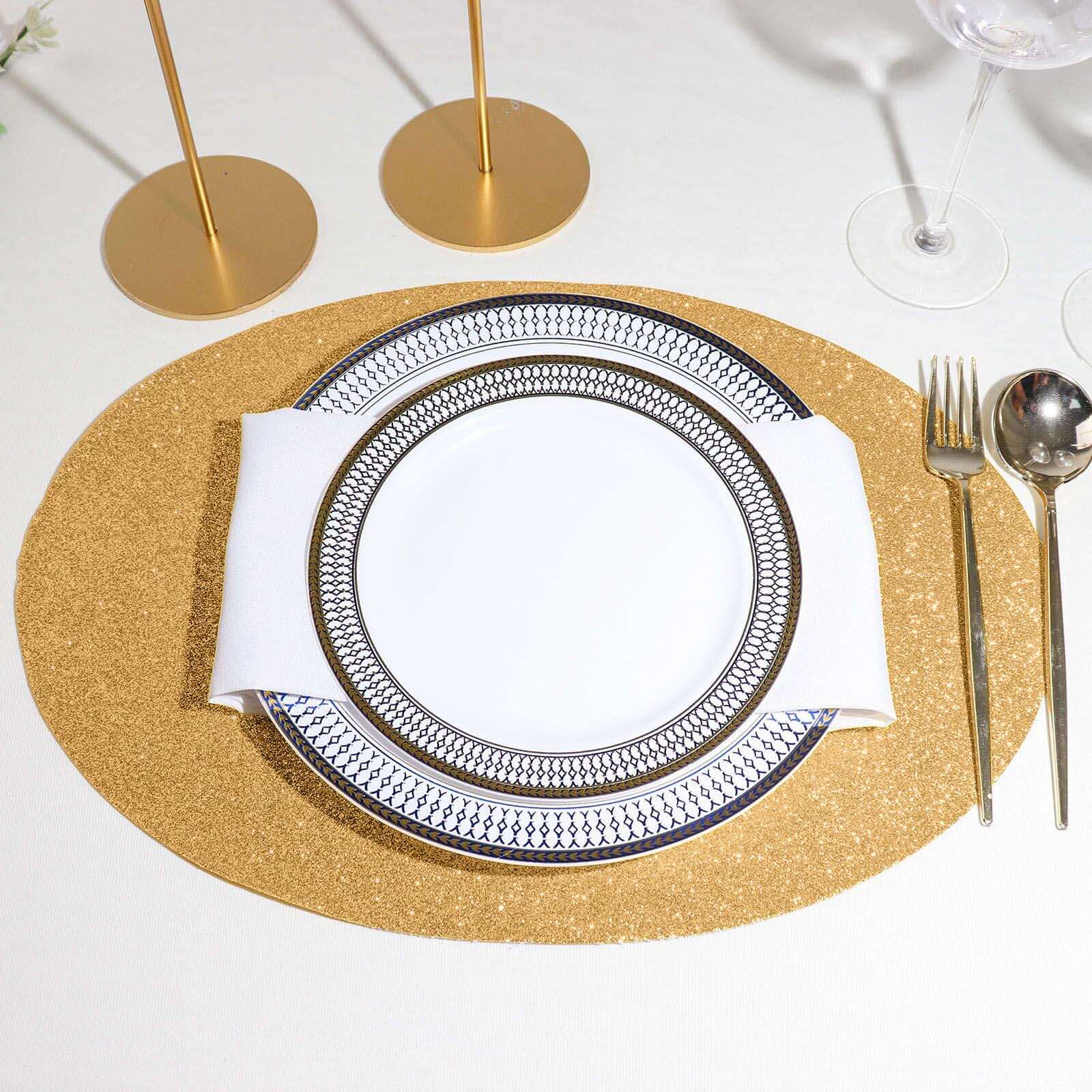 6 Pack Champagne Sparkle Vinyl Placemats, Non Slip Decorative Oval Glitter Table Mat