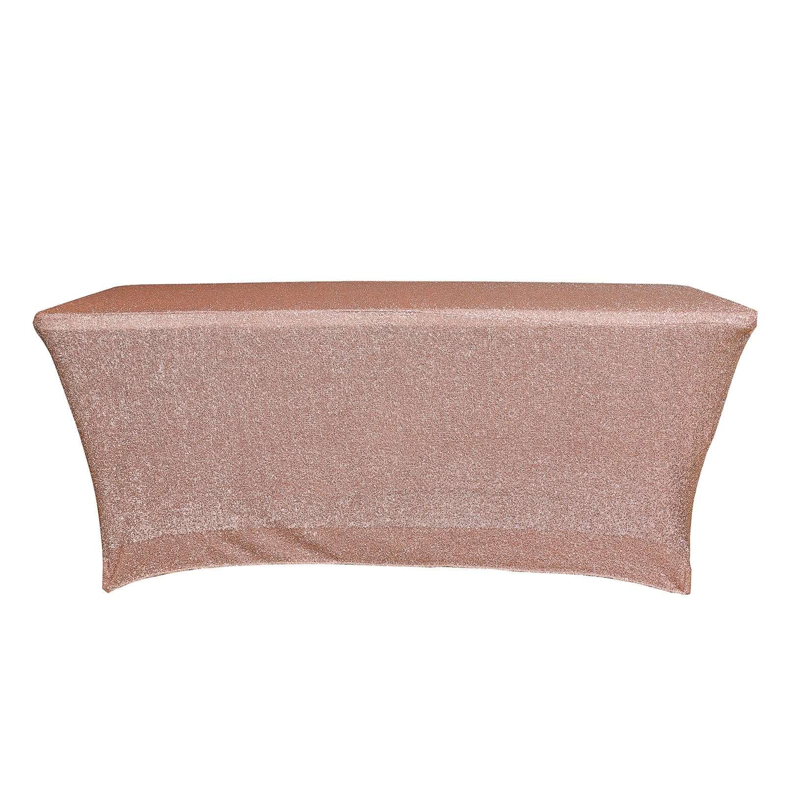 Shimmer Tinsel Spandex 72"x30" Rectangle Tablecloth Metallic Rose Gold Glittered Shiny Stretch Table Cover for Gleaming Event Decor