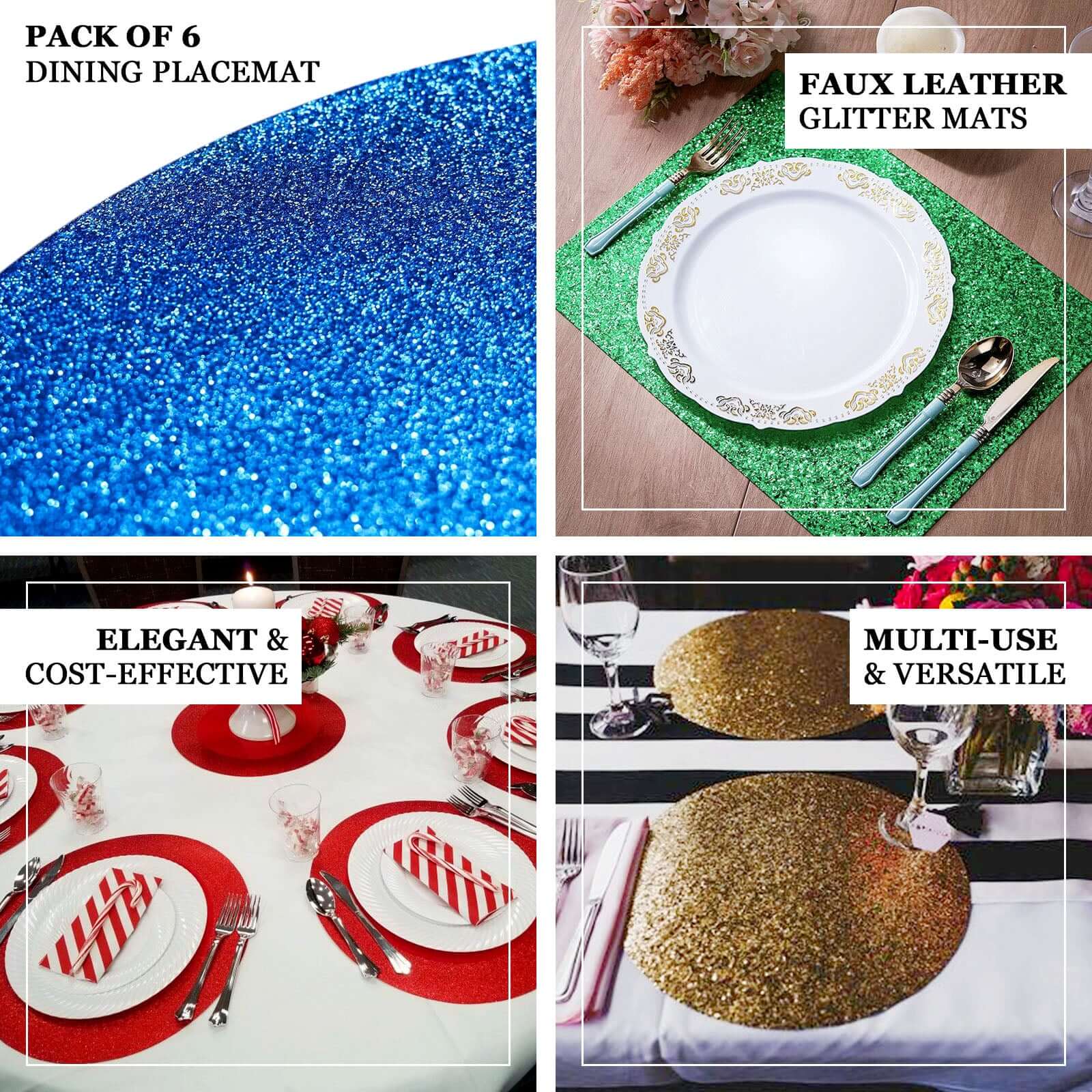 6-Pack Placemats Glitter Design Silver Sparkle Oval - Non-Slip Decorative Table Mats for Dining 12"x18"