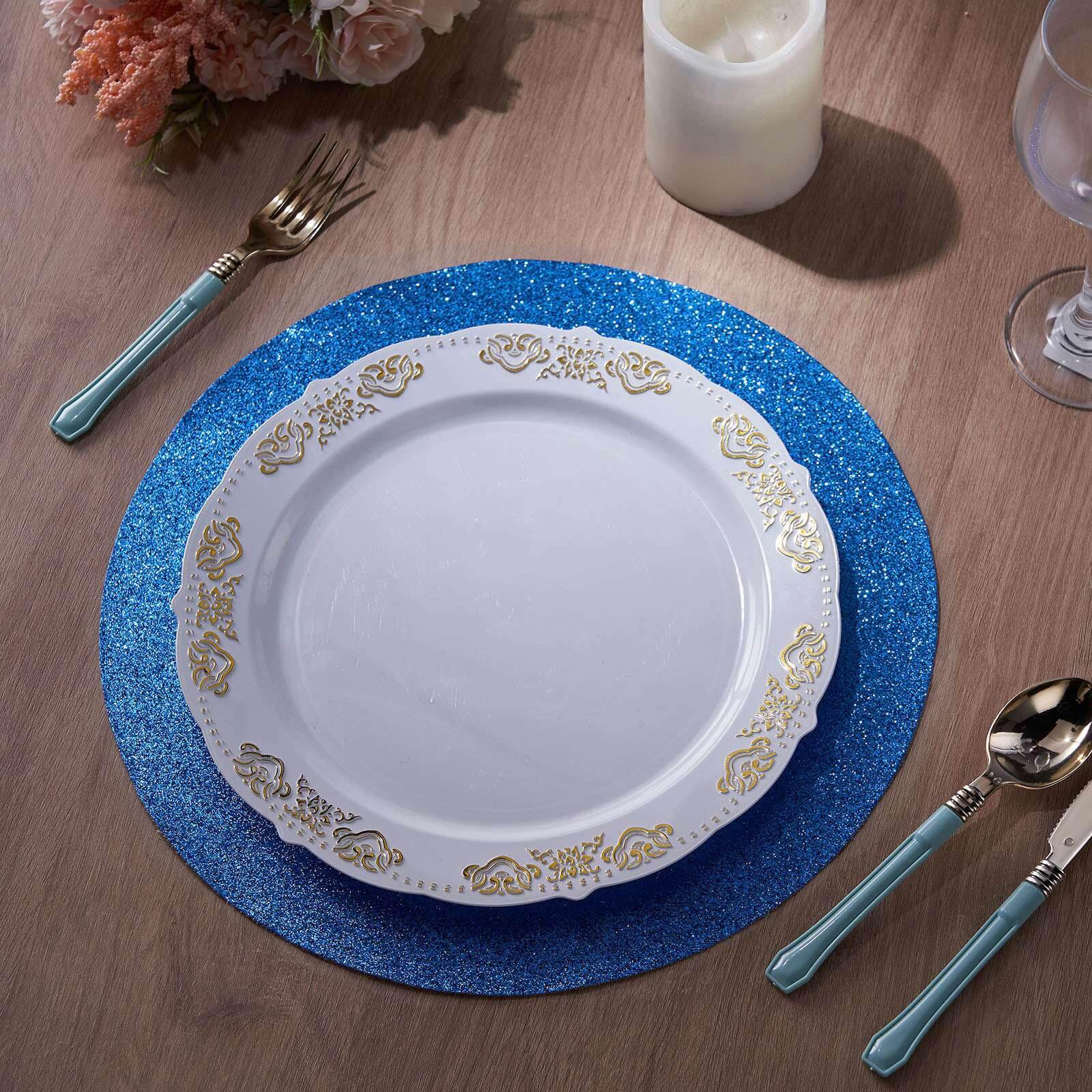 6-Pack Placemats Glitter Design Royal Blue Sparkle Round - Non-Slip Decorative Dining Table Mats 13"