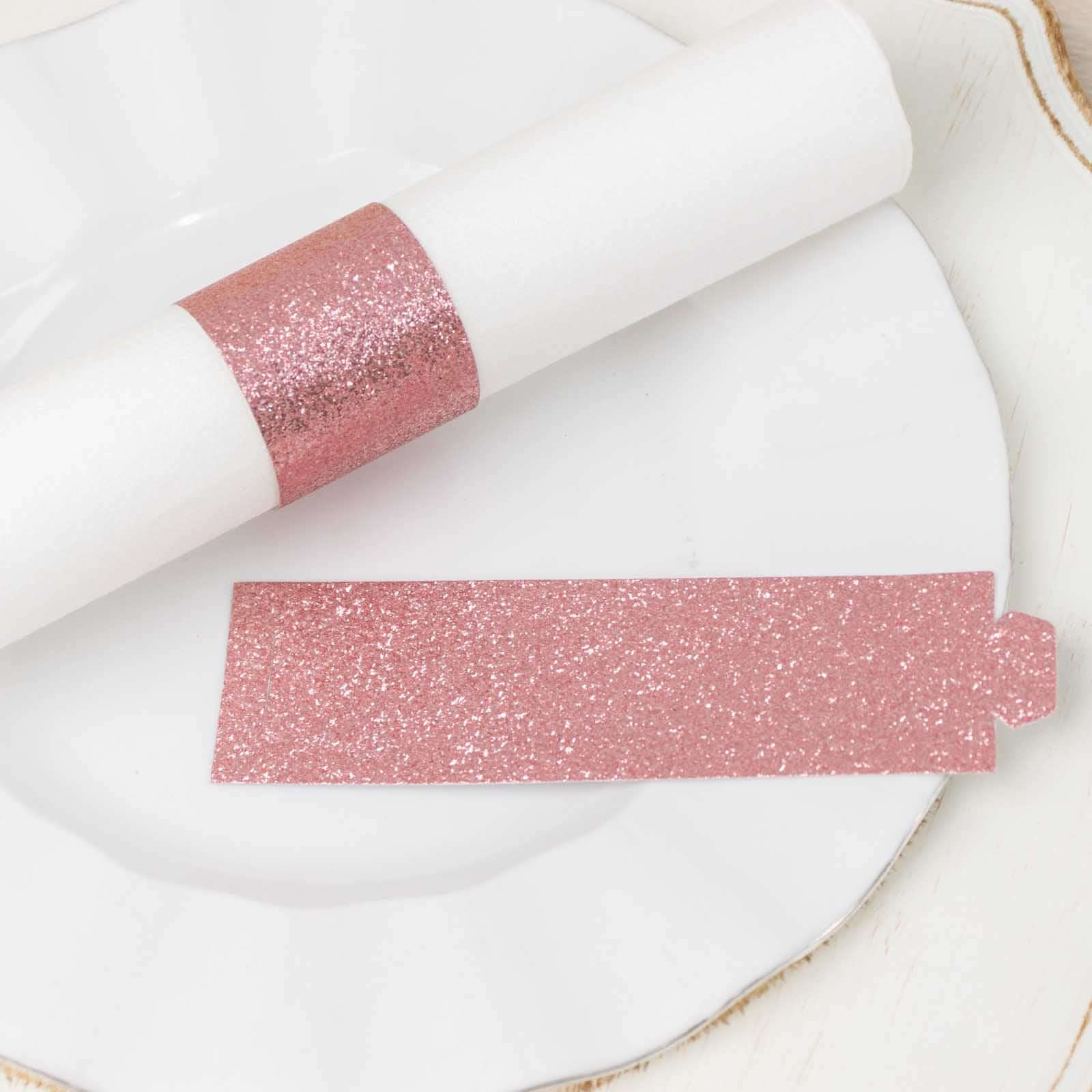 50-Pack Paper Napkin Rings Rose Gold Glitter - Stylish Disposable Napkin Holders 1.5"