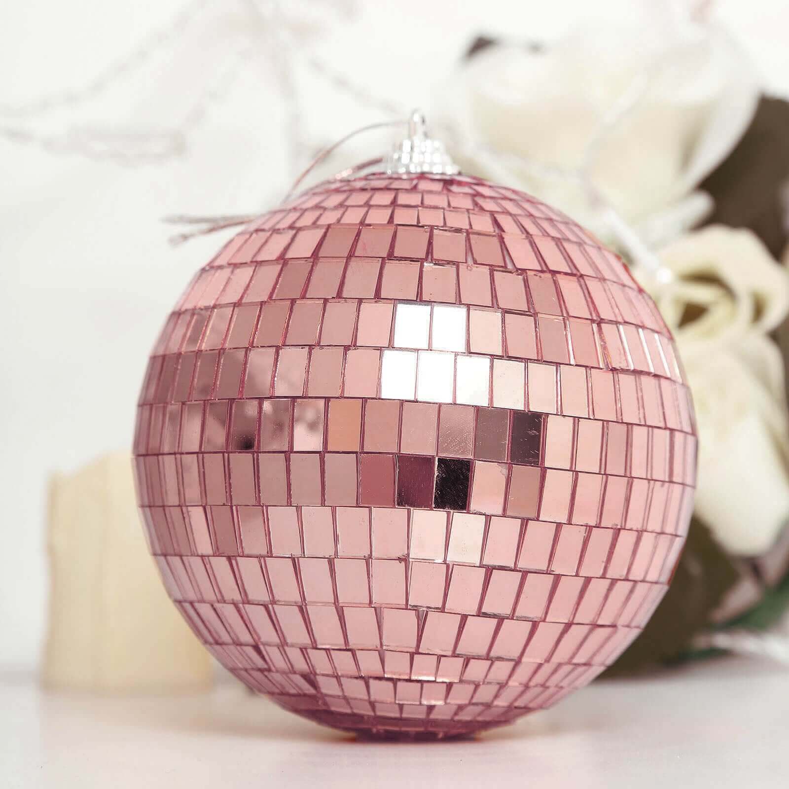 4 Pack 4" Rose Gold Foam Disco Mirror Ball With Hanging Strings, Holiday Christmas Ornaments