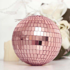 4 Pack 4" Rose Gold Foam Disco Mirror Ball With Hanging Strings, Holiday Christmas Ornaments