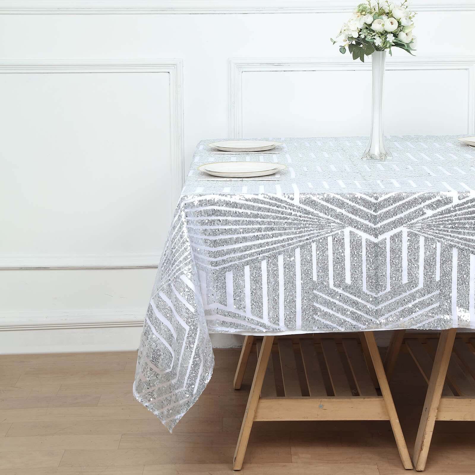 Sequin 72" Table Overlay Square Tablecloth Silver - Diamond Glitz Table Cover