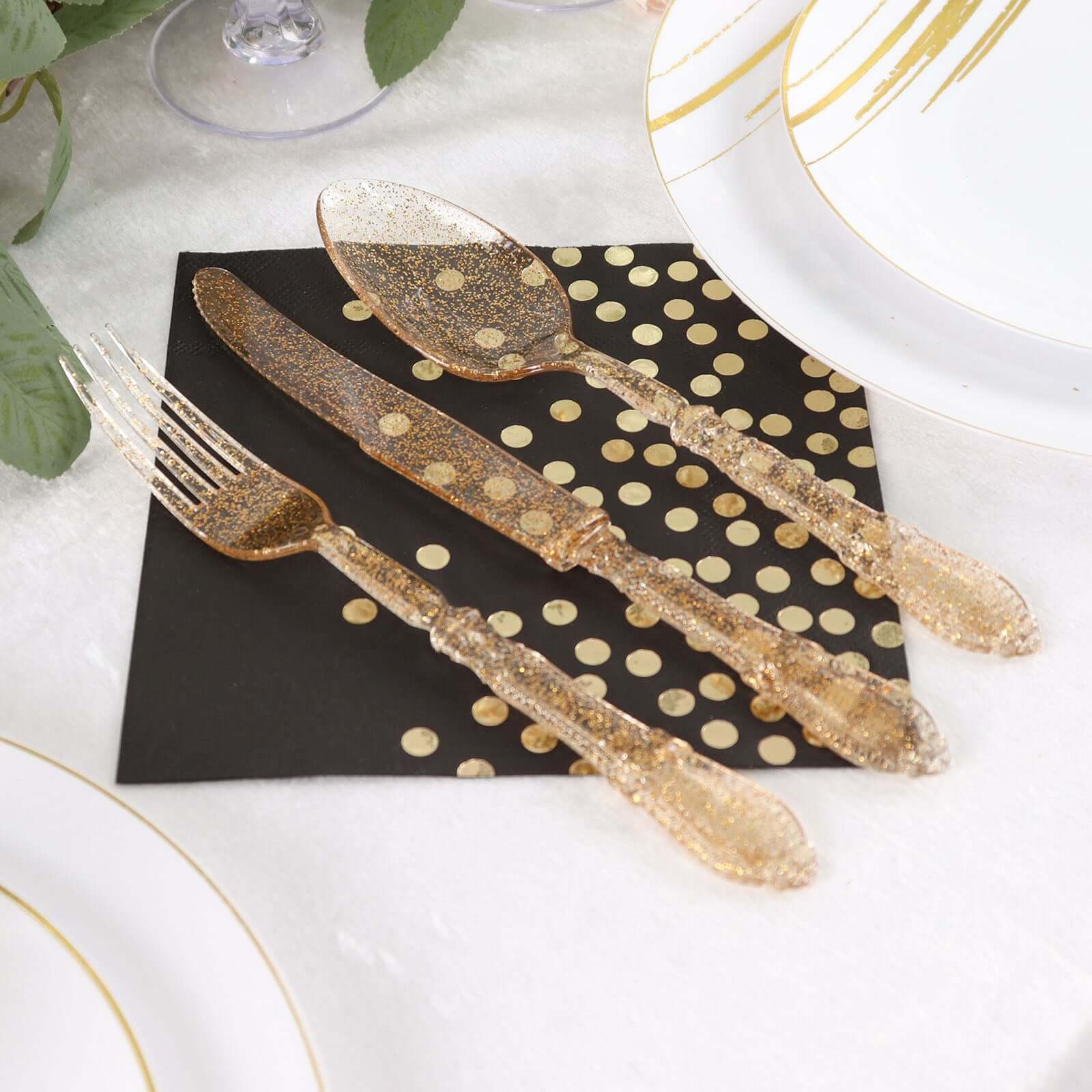 24-Pack Plastic Utensil Set Clear with Gold Glitter - Heavy Duty Disposable Silverware for Events
