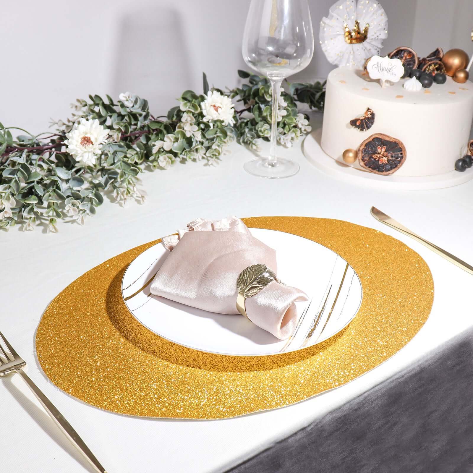 6-Pack Placemats Glitter Design Gold Sparkle Oval - Non-Slip Decorative Table Mats for Dining 12"x18"
