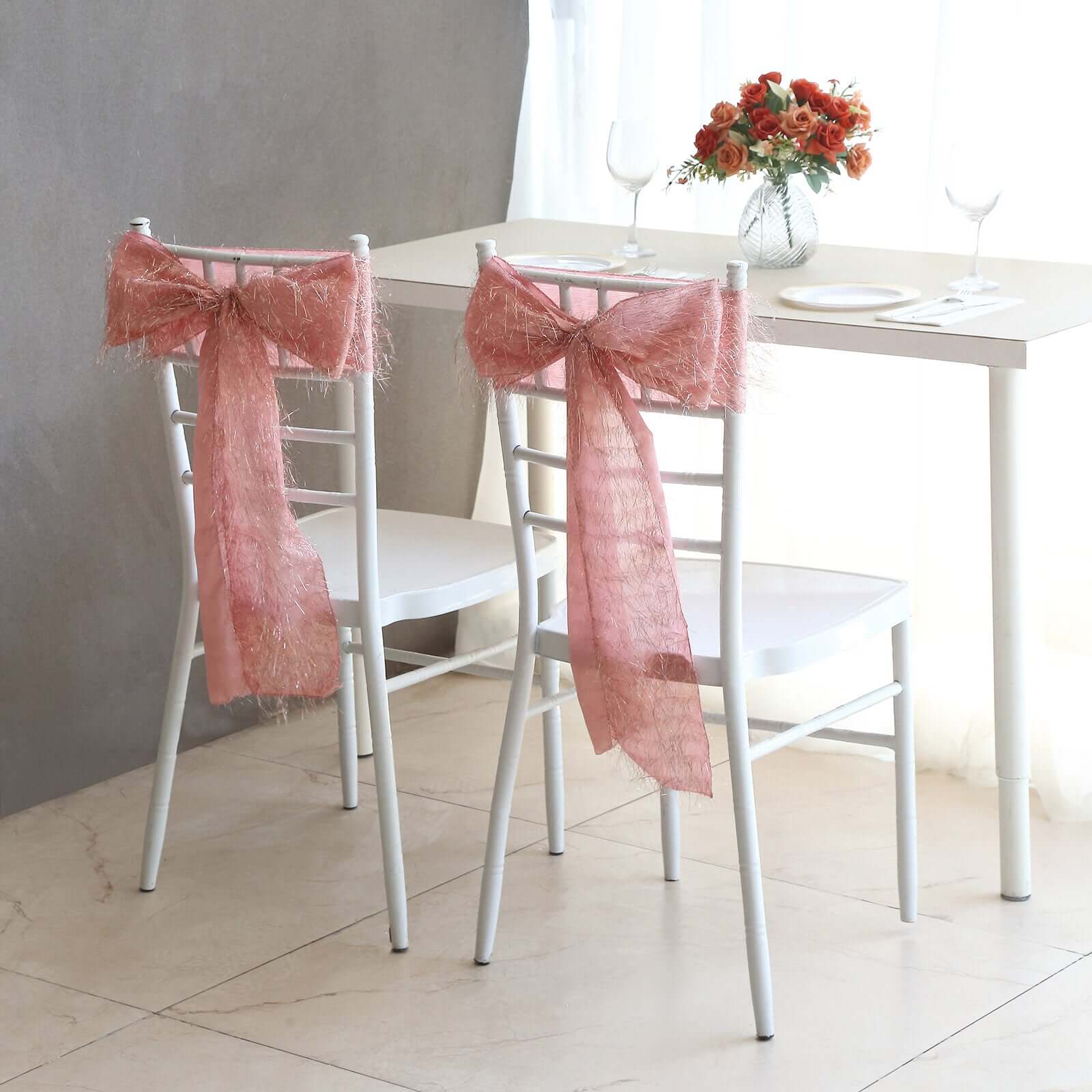 5 Pack Polyester Chair Sashes Rose Gold Metallic Tinsel Fringe - Easy to Use Chair Bows 6"x108"