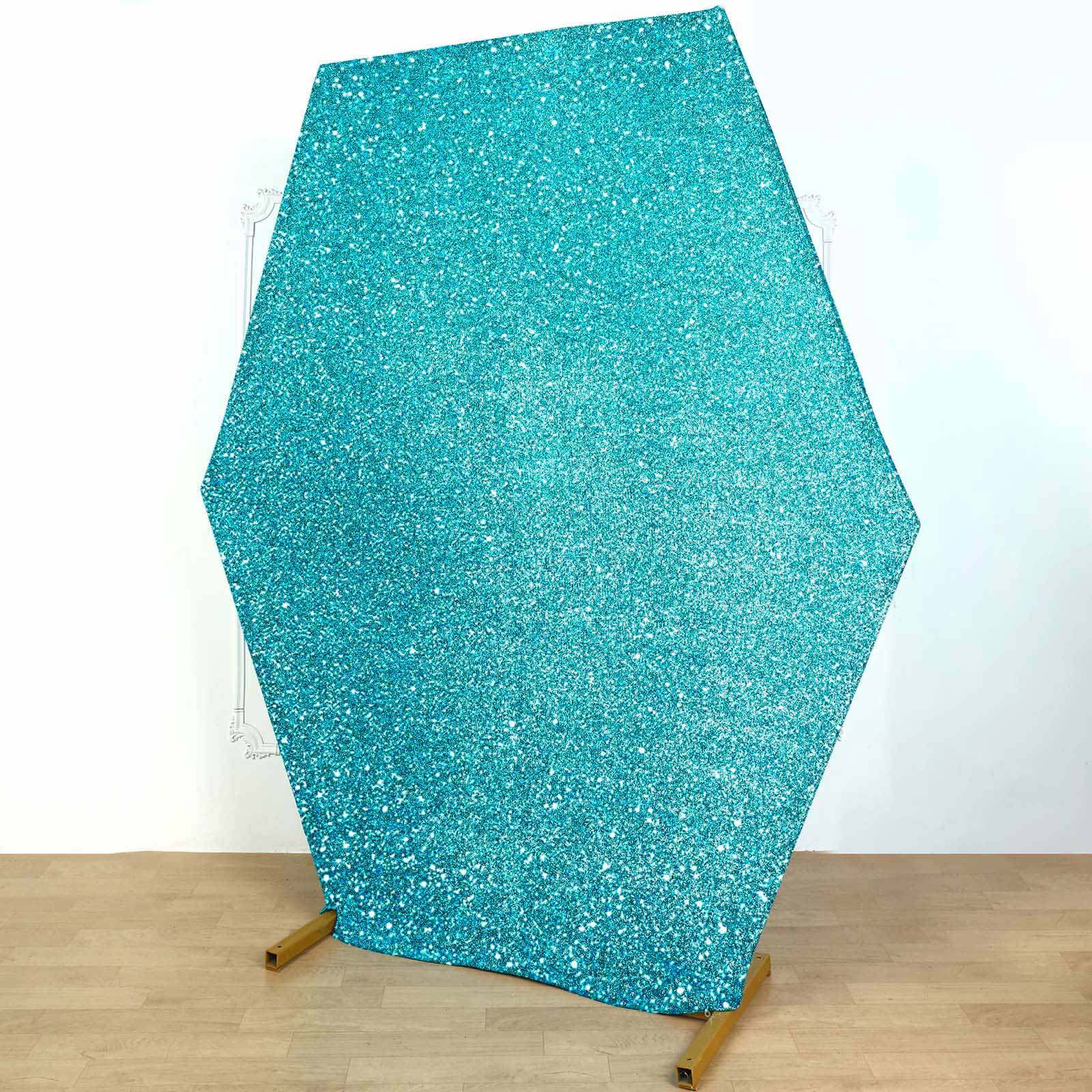 8ftx7ft Turquoise Metallic Shimmer Tinsel Spandex Hexagon Wedding Arbor Cover, 2-Sided Backdrop