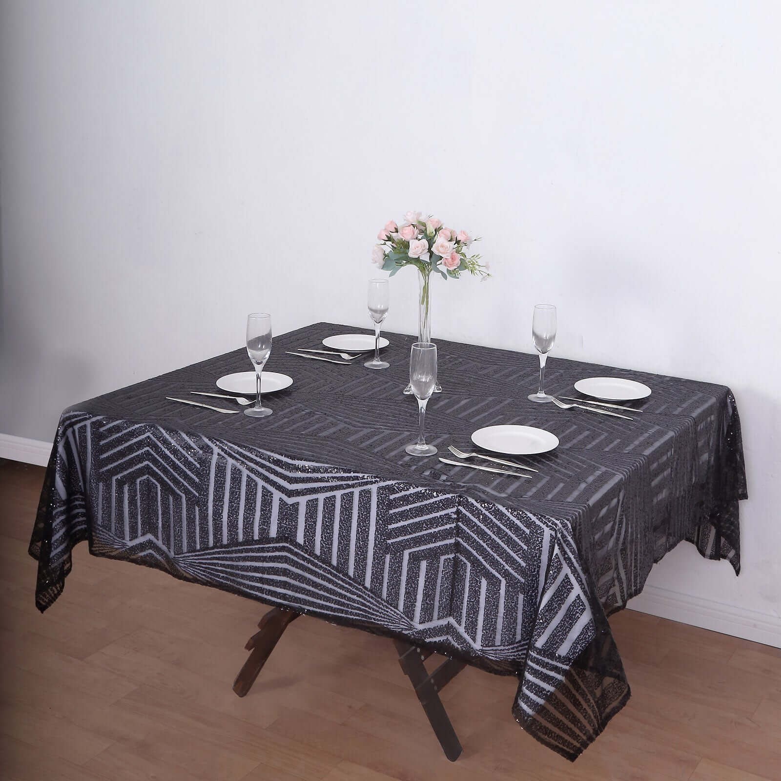 Sequin 72" Table Overlay Square Tablecloth Black - Diamond Glitz Table Cover