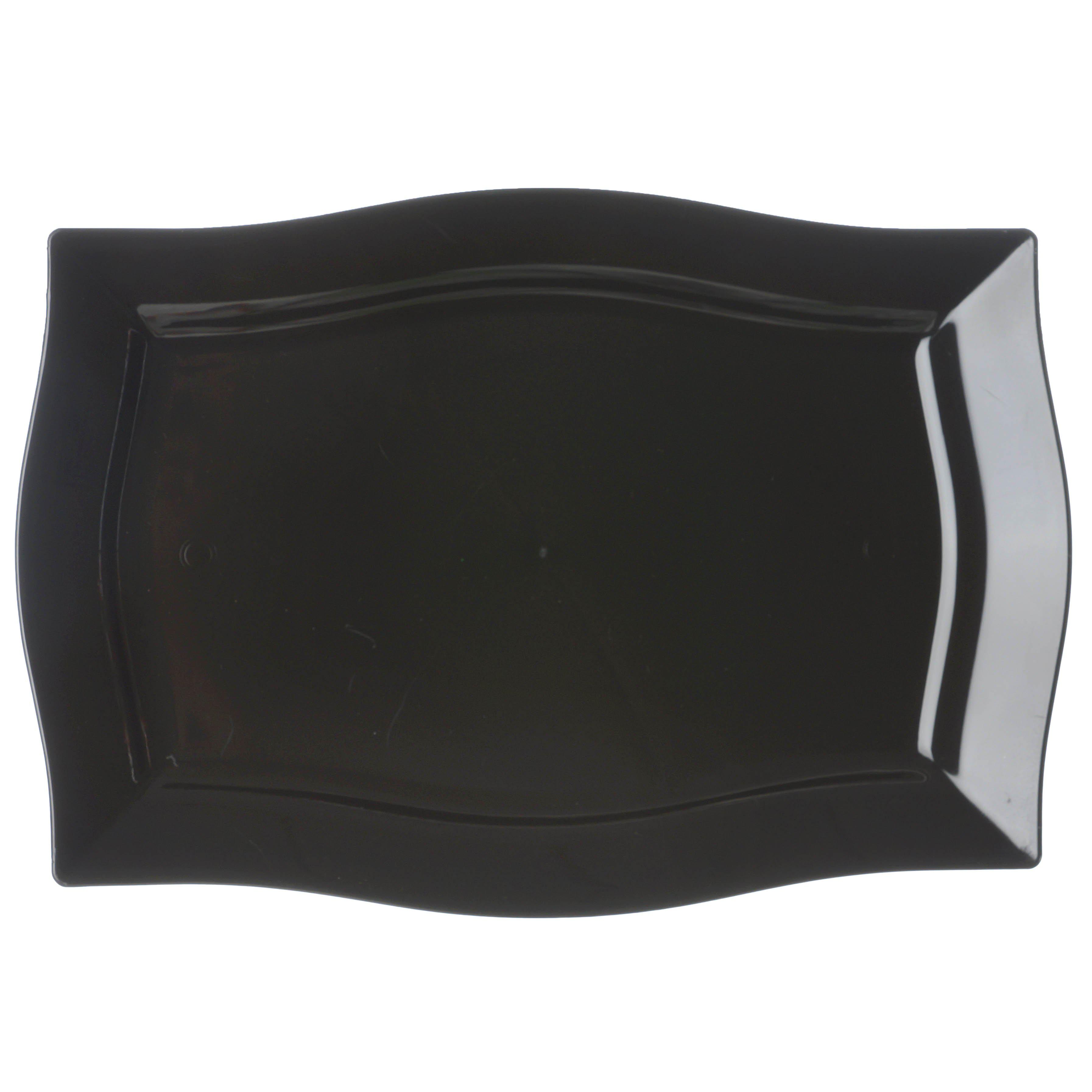 10-Pack Serving Plates Rectangular Design with Wave Trimmed Rim Glossy Black - Plastic Disposable Event Plates 12"