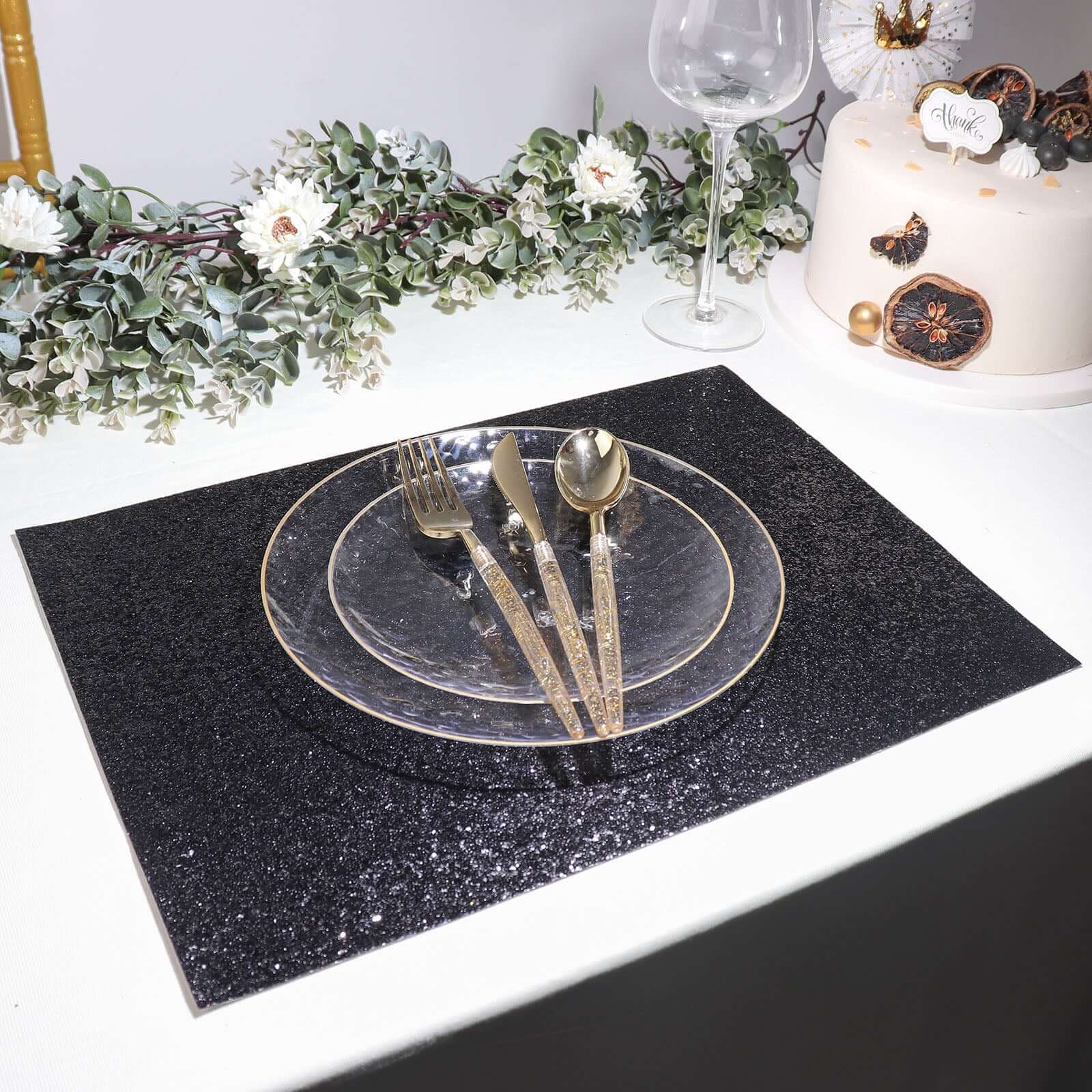 6-Pack Placemats Glitter Design Black Sparkle Rectangle - Non-Slip Decorative Dining Table Mats 12"x18"