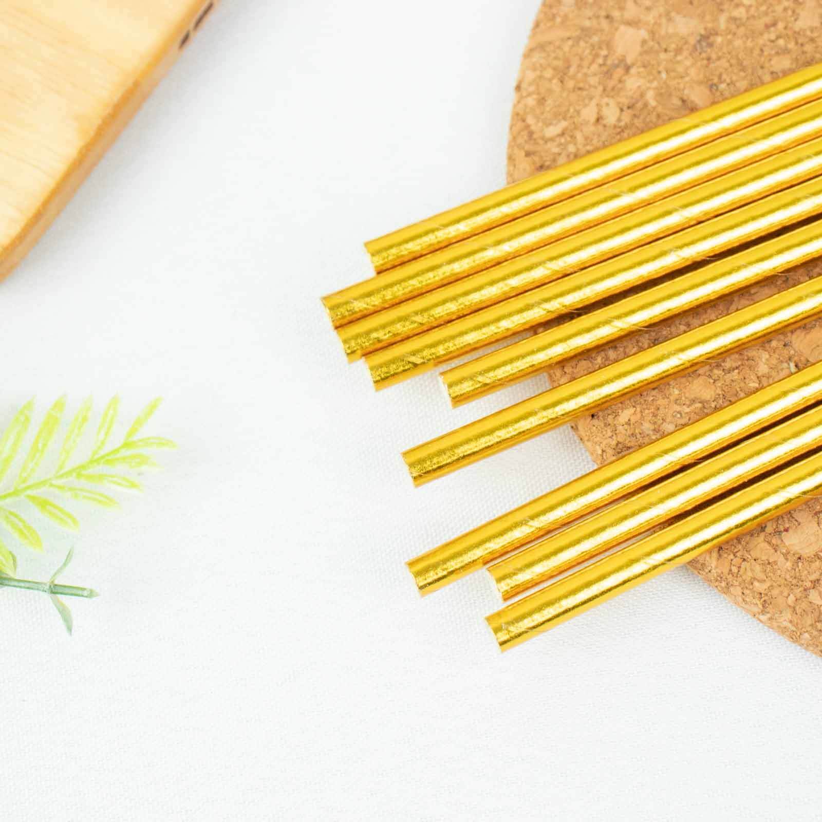 50-Pack Paper Drinking Straws Metallic Gold Foil Food Grade - Disposable Biodegradable Straws for Events 8"