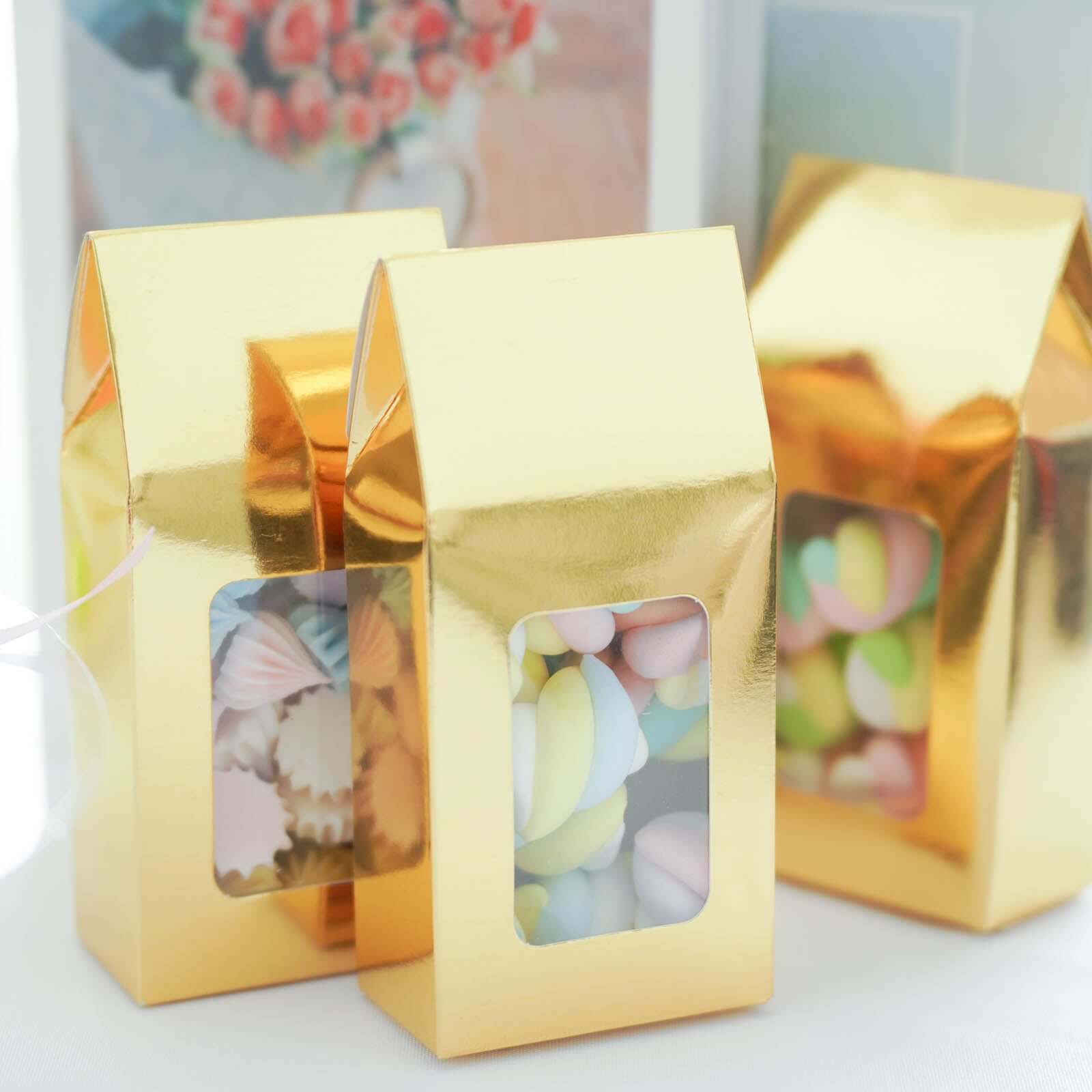 25 Pack Gold Tote With Window Party Favor Candy Gift Boxes 2.75" X 1.5" X 6"