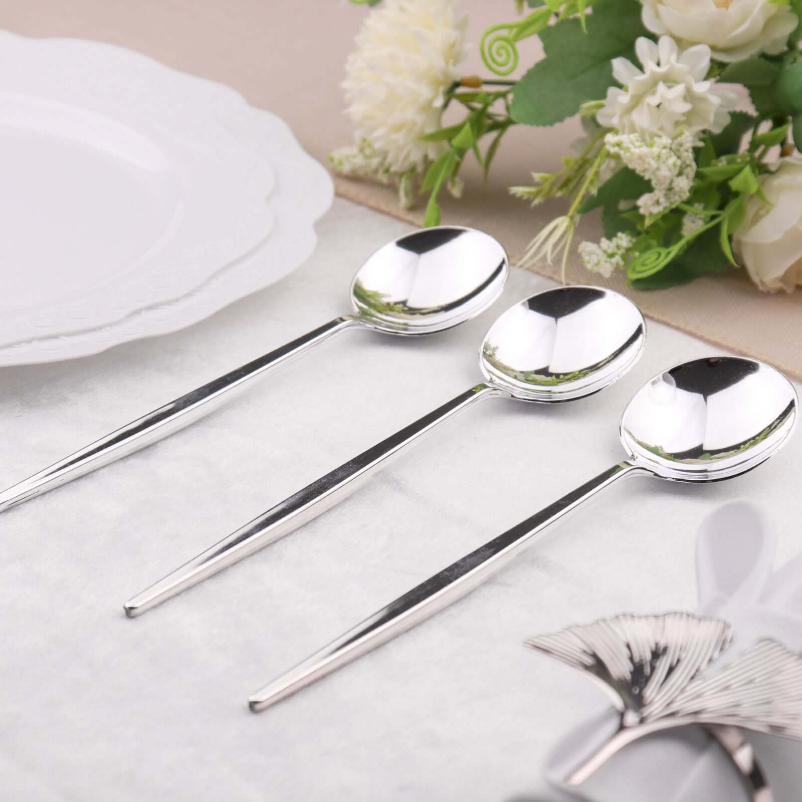 24-Pack Plastic Spoons Glossy Silver - Premium Heavy Duty Disposable Silverware 8"