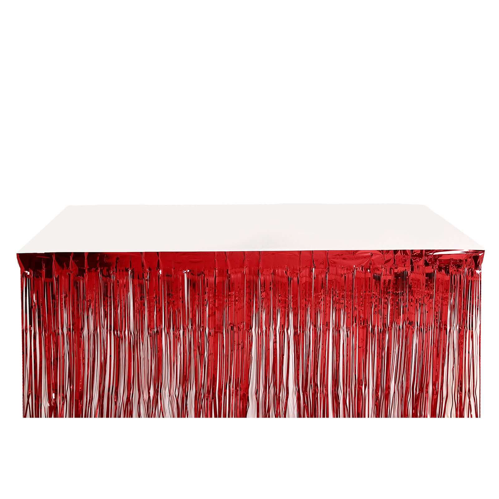 Metallic Foil Fringe Table Skirt Red with Self Adhesive Backing - Durable Tinsel Skirt for Parties 30"x9ft