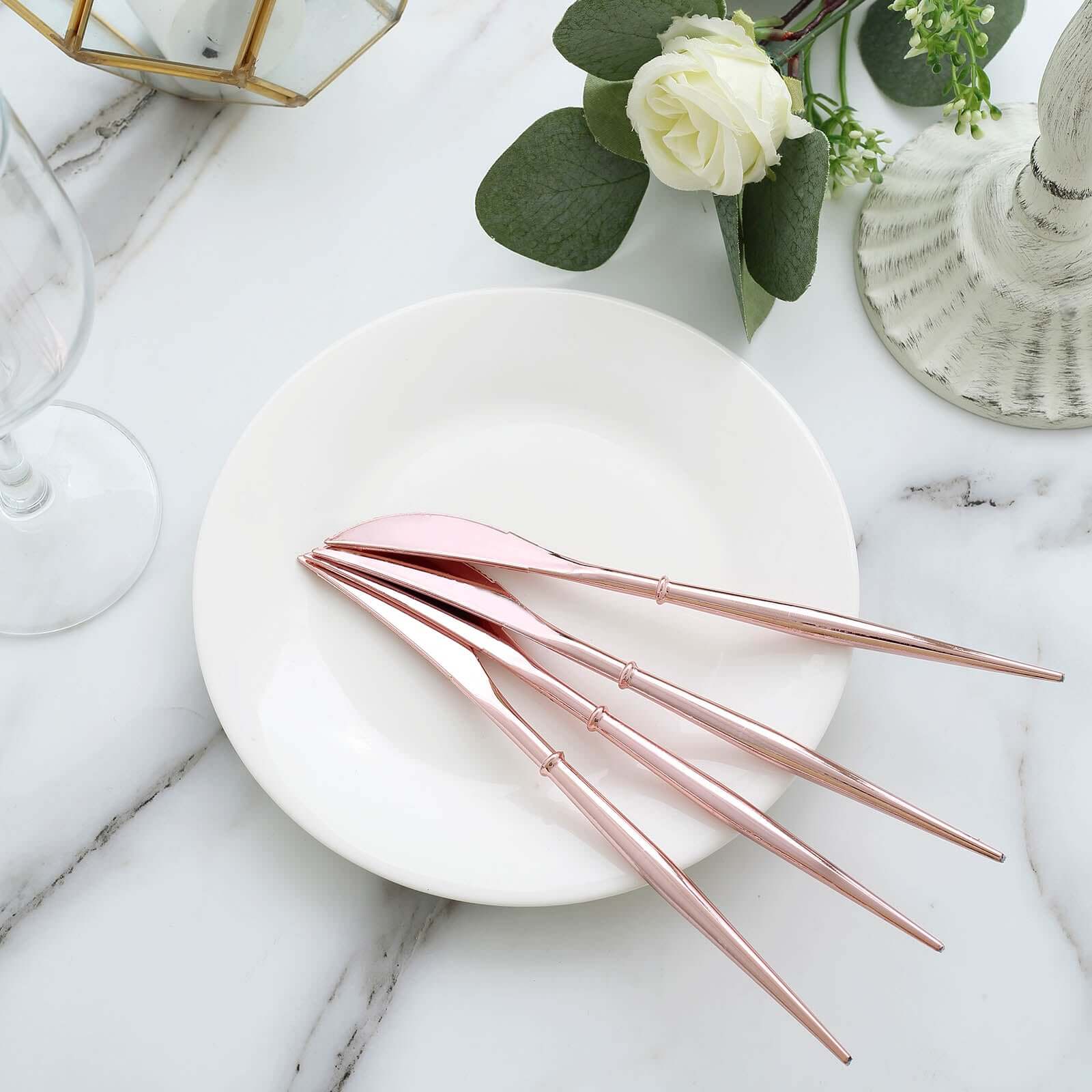 24-Pack Plastic Knives Modern Flatware Rose Gold - Premium Heavy Duty Disposable Silverware 8"