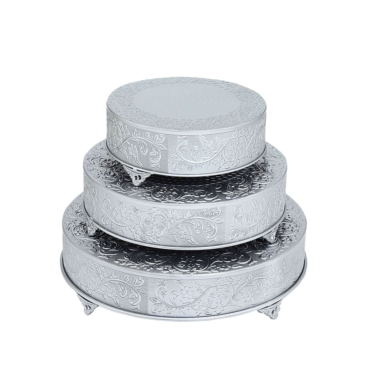 Metal 22" Round Cake Pedestal Stand Matte Silver - Cupcake Dessert Display Riser with Intricate Embossed Design for Upscale Events & Gatherings