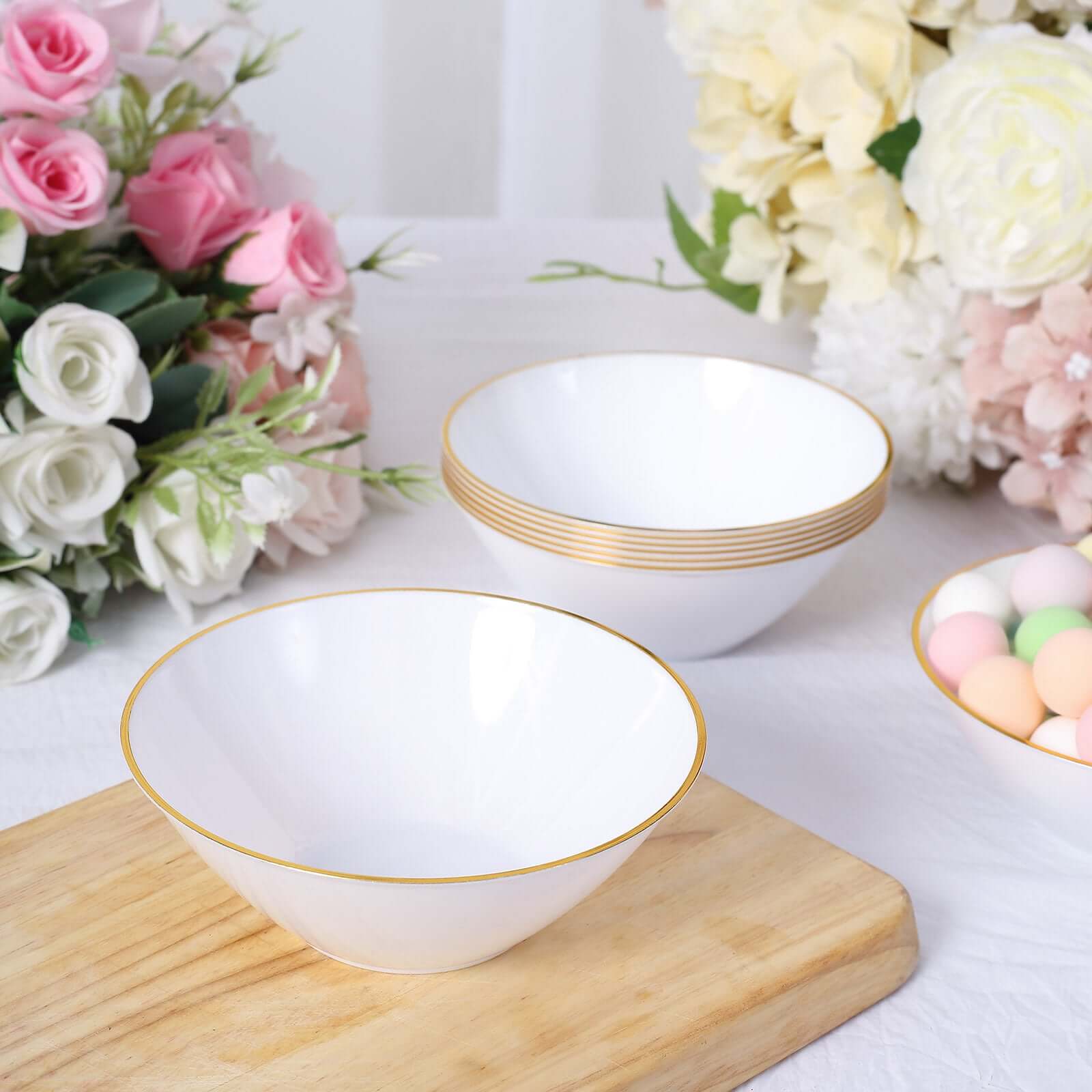 24-Pack Heavy Duty Plastic Ice Cream Bowls Glossy White Gold Rim Premium - Great for Events 7oz