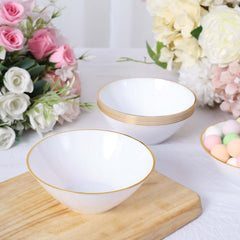24-Pack Heavy Duty Plastic Ice Cream Bowls Glossy White Gold Rim Premium - Great for Events 7oz