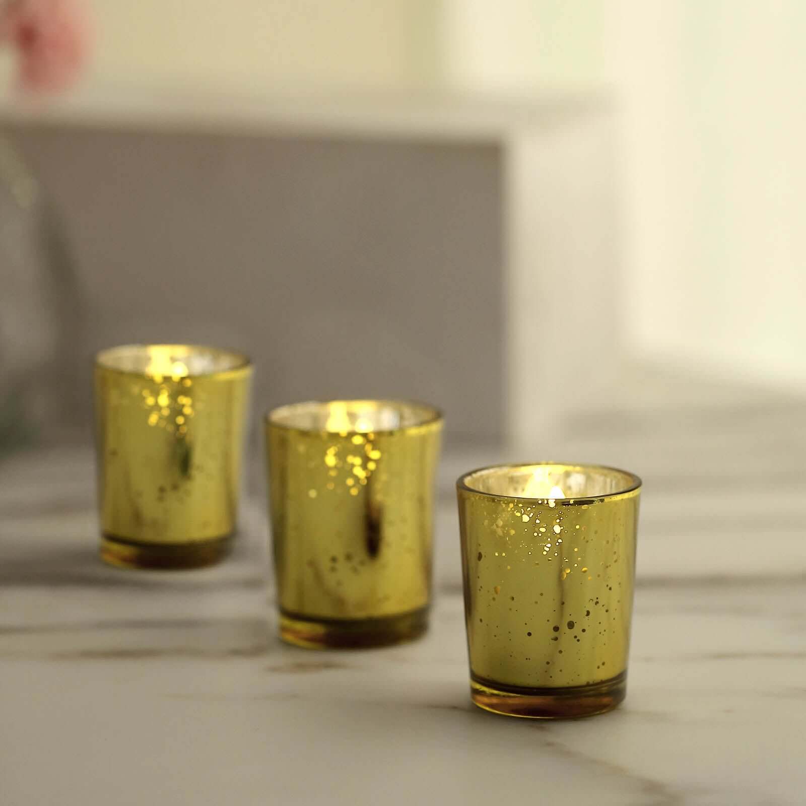 12-Pack Mercury Glass Candle Holders Gold with Speckled Design - Votive Tealight Holders 2"