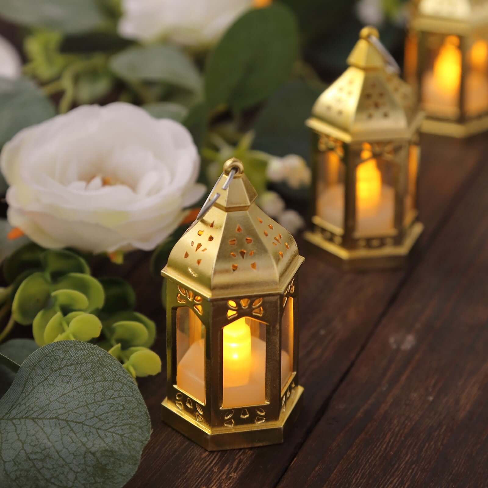 6-Pack LED Tealights Warm White Moroccan Style Gold - Battery Operated Mini Lantern Candle Lamp Centerpieces 3.5"