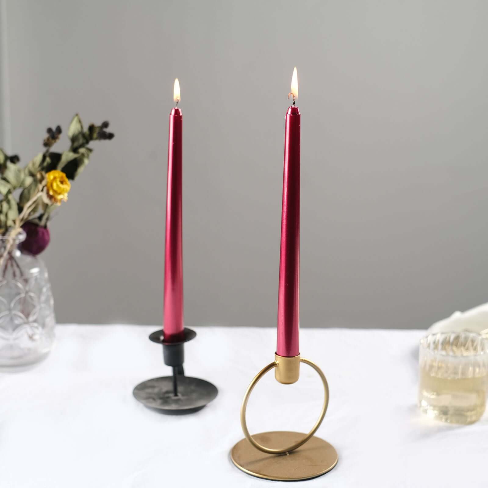 12-Pack Taper Candles Premium Wax Design Metallic Red - Unscented Candles for Upscale Settings 10"