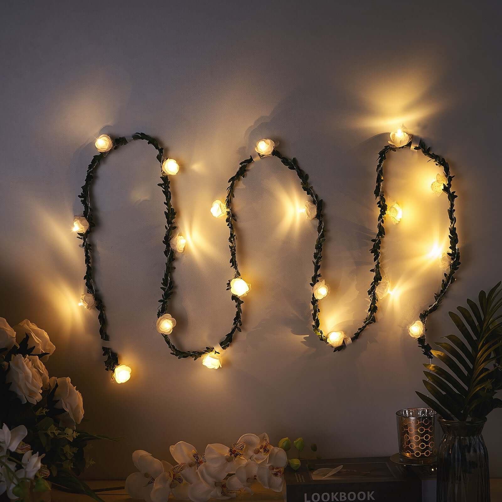 9ft Warm White 20 LED Artificial Rose Lace Flower Garland Vine Lights, Battery Operated String Lights