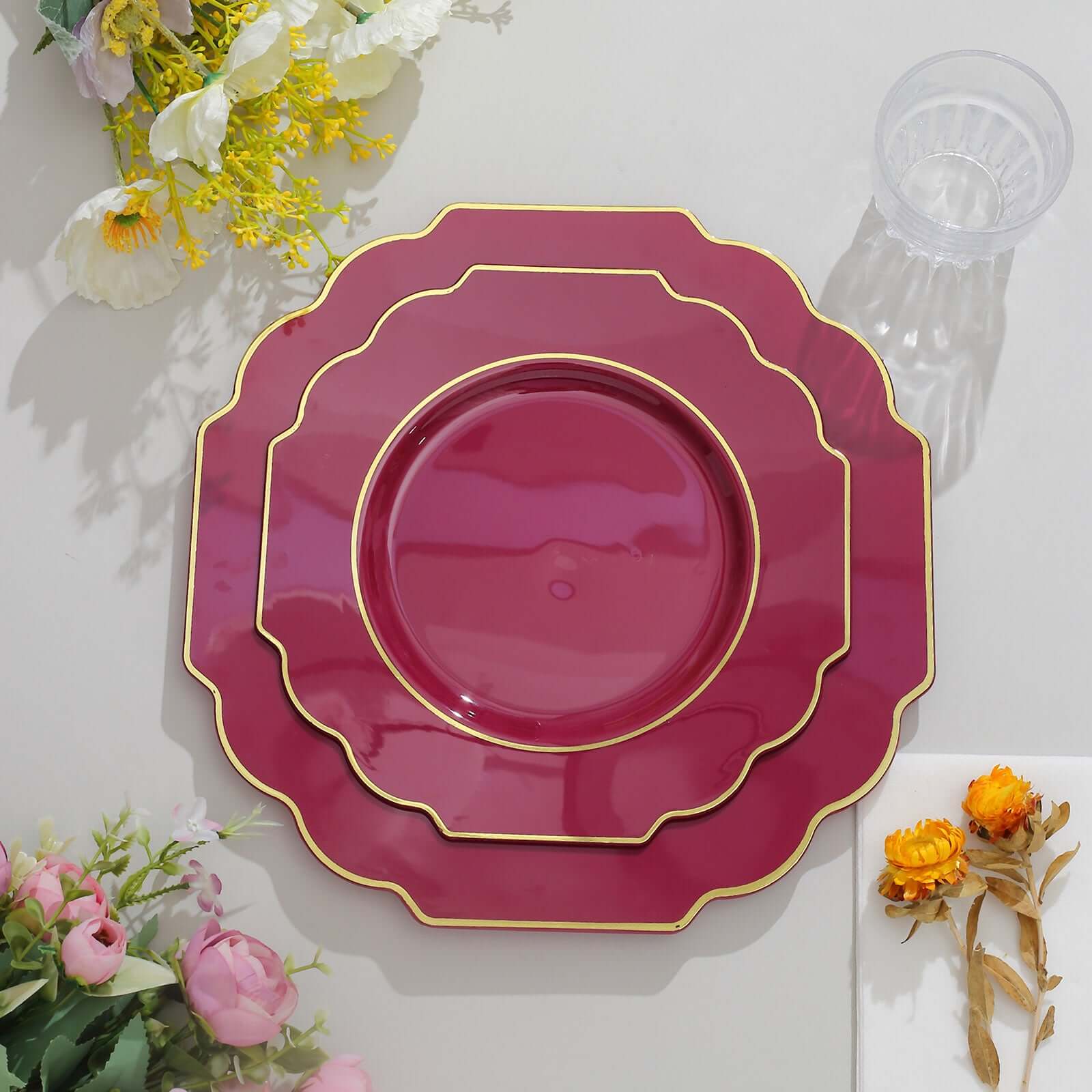 10-Pack Plastic Dessert Appetizer Plates in Burgundy Baroque Design with Scalloped Gold Rim - Heavy Duty Disposable Salad Plates 8"