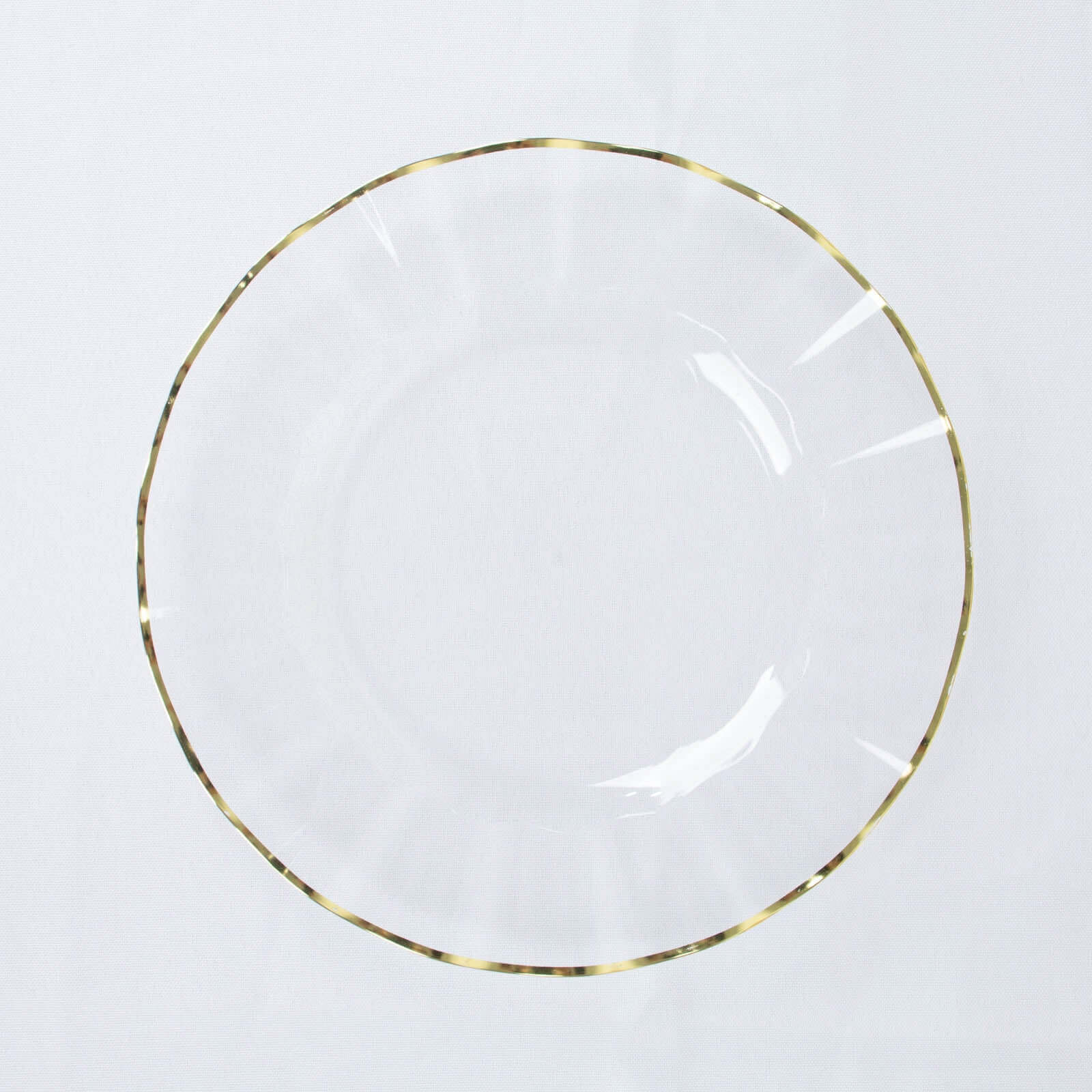 10-Pack Plastic 9" Round Dinner Plates in Clear Ruffled Rim with Gold Edging - Sturdy Disposable Dinnerware