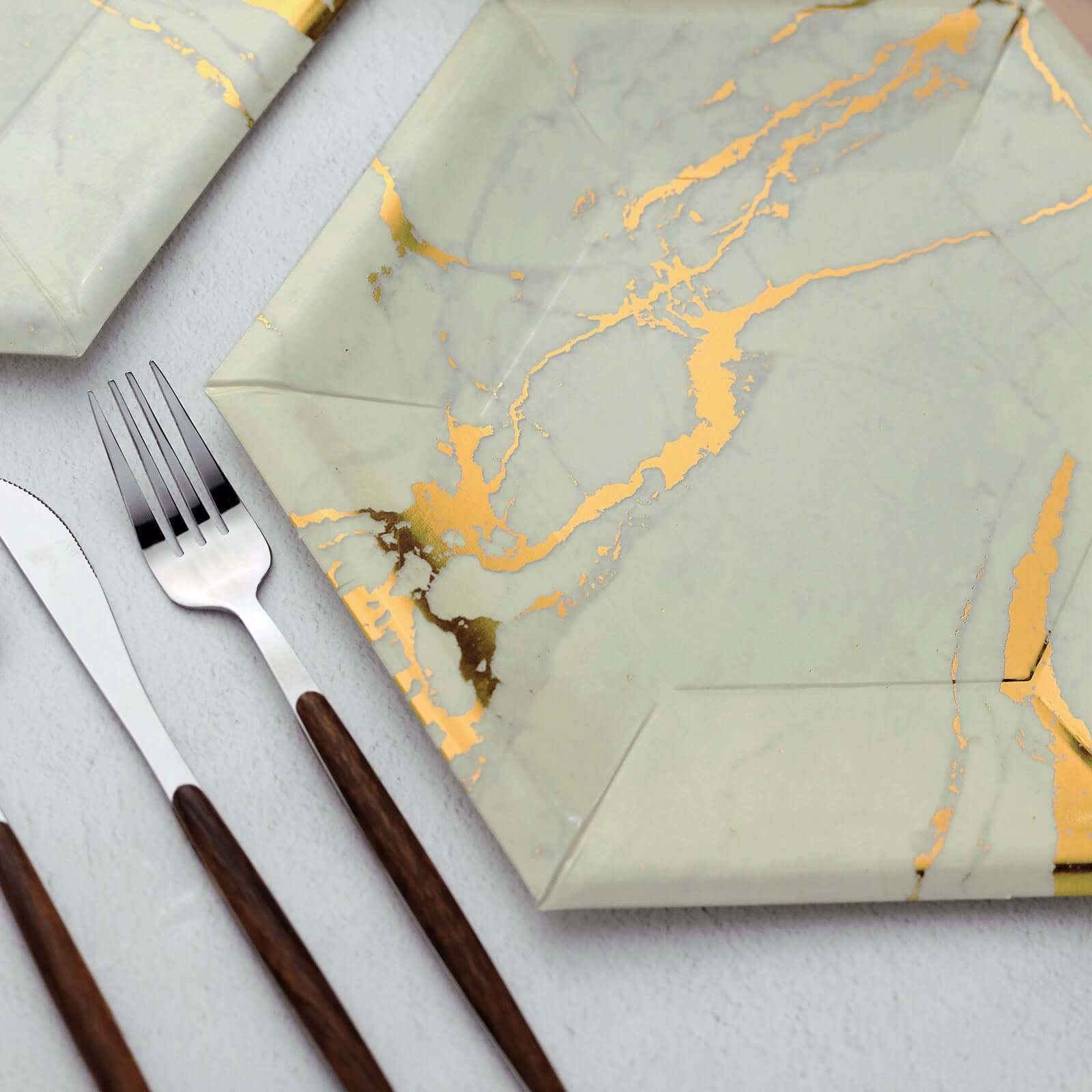 25 Pack Ivory Marble 12" Serving Dinner Paper Plates, Disposable Hexagon Geometric Shaped Plates With Gold Foil Marble Design - 400 GSM