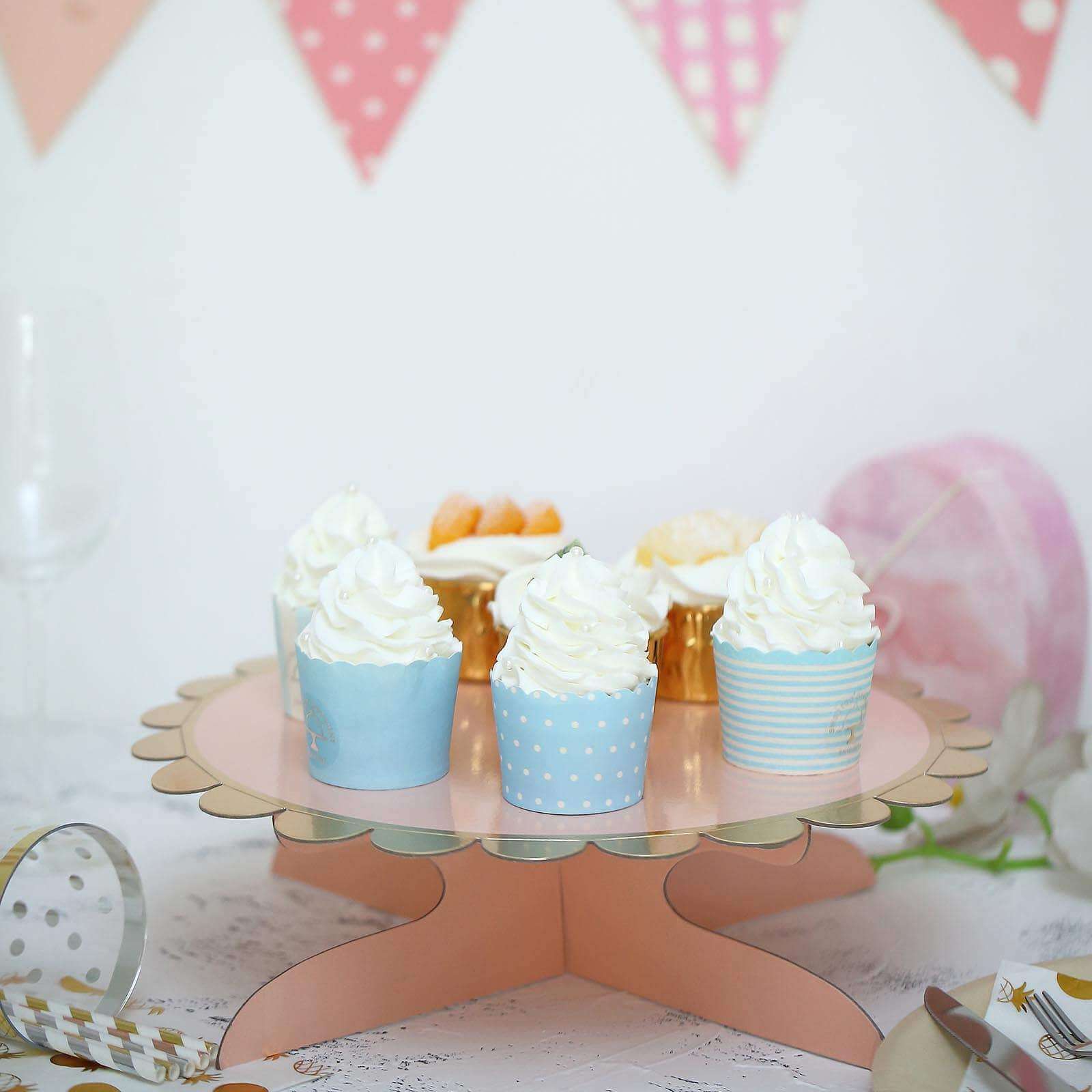 1-Tier Cardboard Cake Stand Blush - Stylish Reusable Cupcake Dessert Holder with Gold Scalloped Rim for Baby Showers Birthdays & Events 13"