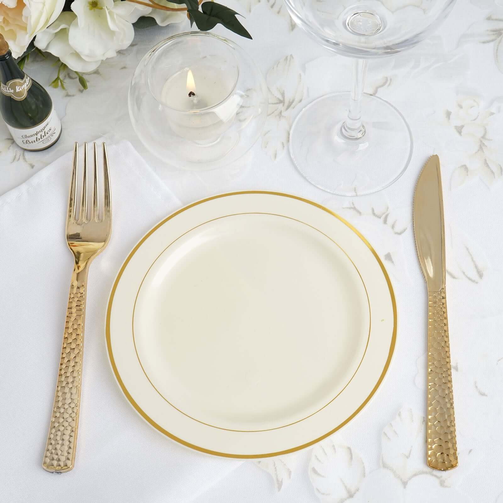 10-Pack Plastic Dessert Plates Ivory with Très Chic Gold Rim - Disposable Appetizer Plates for Parties 6"