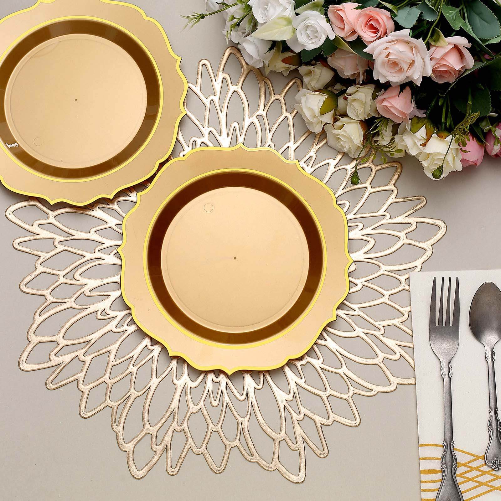 10-Pack Plastic 8" Round Desert Plates in Gold with Gold Scalloped Rim - Disposable Appetizer/Salad Plates